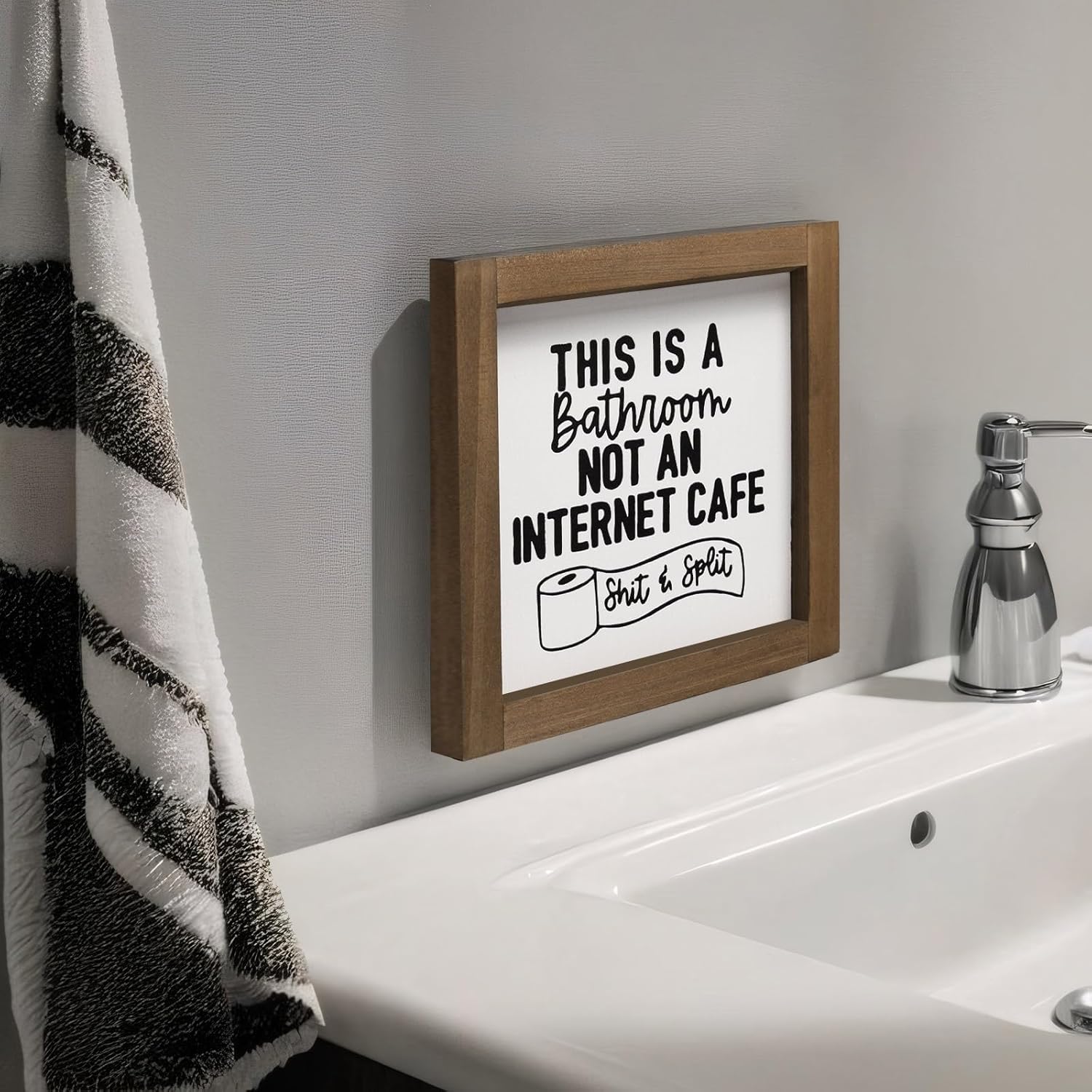 Bathroom Signs Decor, This Is A Bathroom Not An Internet Cafe Sign, Wooden Funny Bathroom Wall Art, Rustic Shelf Home Decoration Black and White Accessories - Image 5