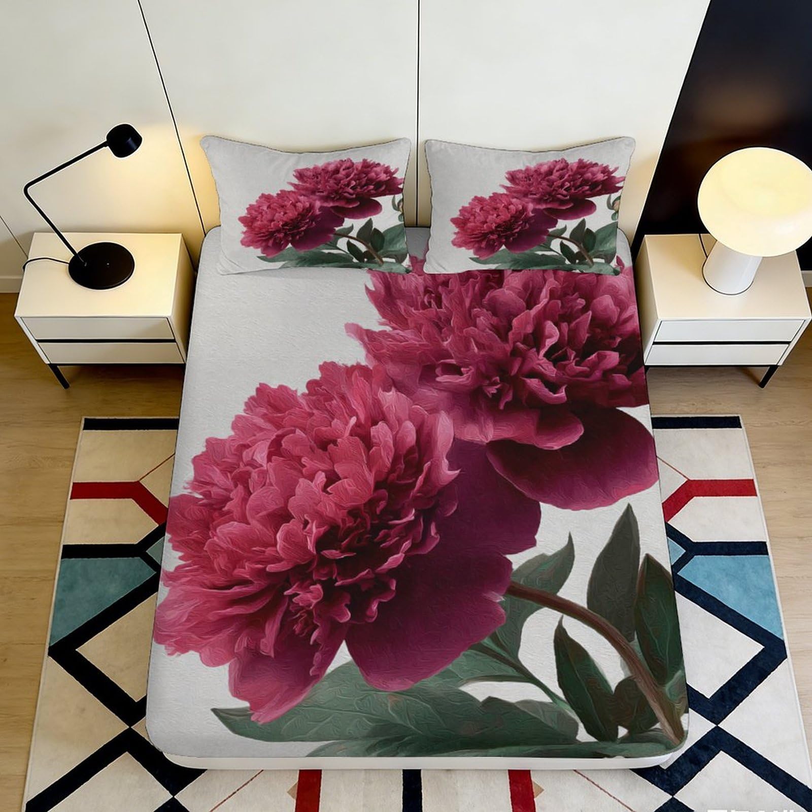 3D Printed Peony Fitted Sheet Microfiber Deep Pocket Bedroom Bedding Peony Mattress Fitted Cover Non-Slip Full Wrap Washable for Adults 120x200x25cm