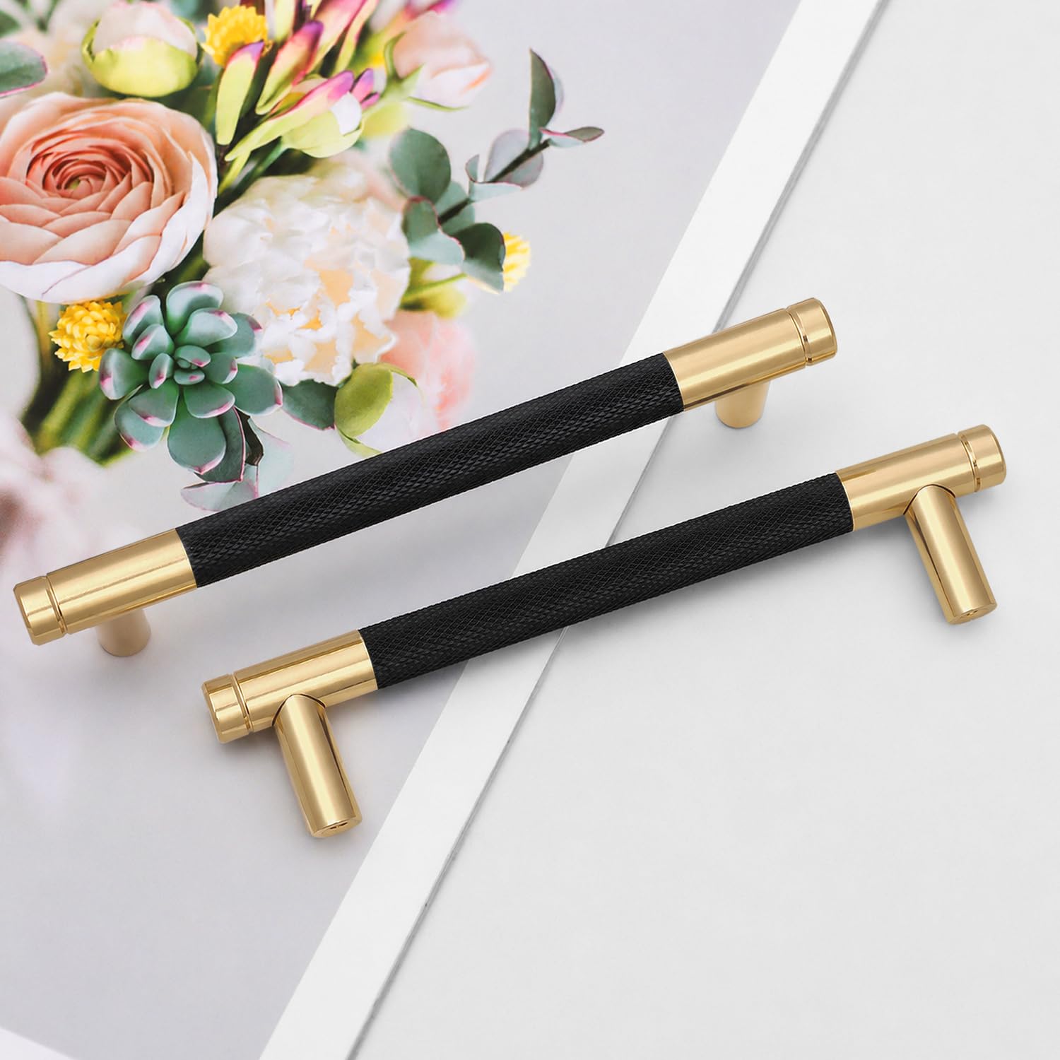 Pexintek 2 Pack Gold Modern Cabinet Handles 128mm Hole Centers Kitchen Bathroom bedrooms Study Furniture Door Vintage Pulls with Screws for Cupboards Drawer Wardrobe Dresser (Golden Black)