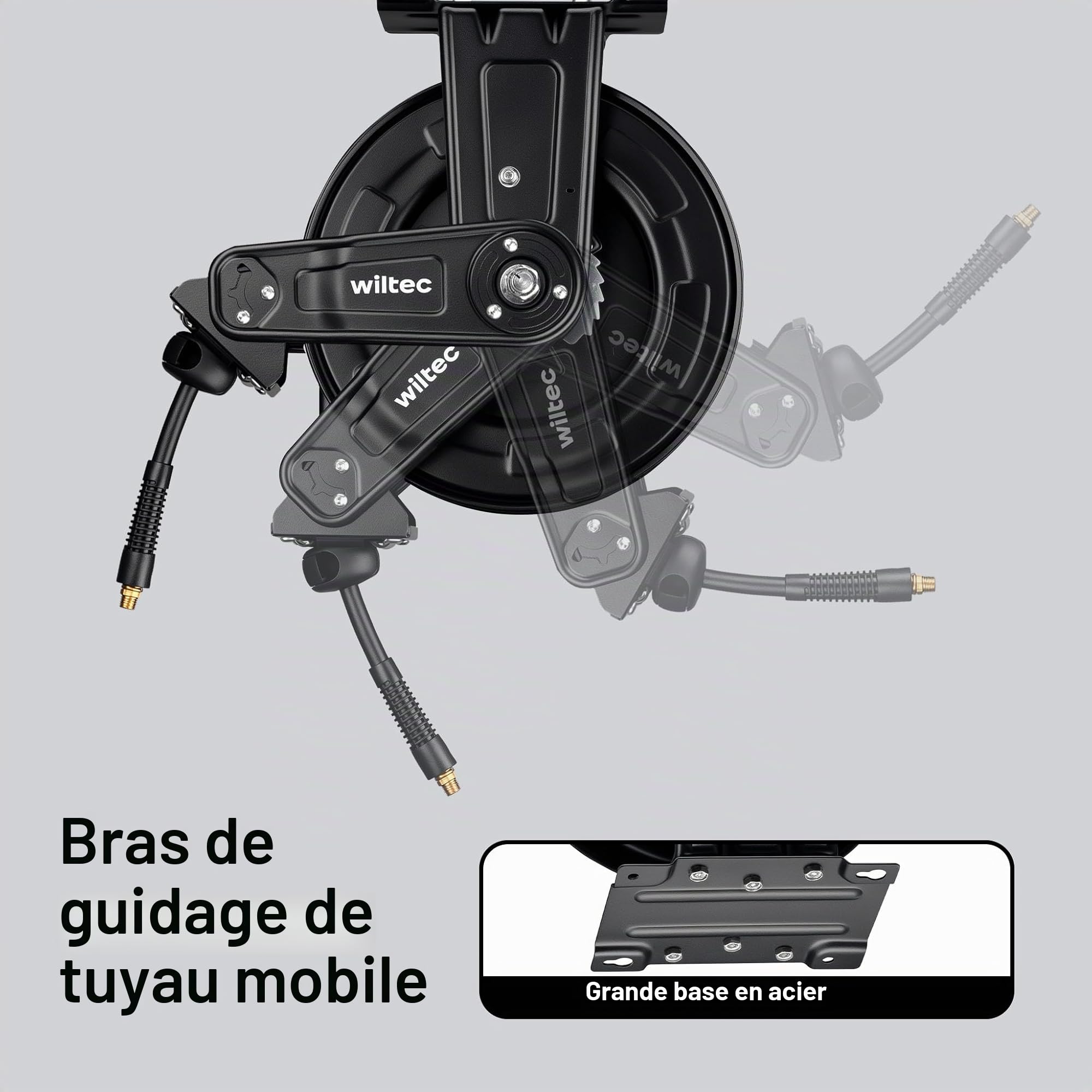Wiltec Dévidoir automatique avec tuyau hybride 20 m + 2 m – Montage mural – En PVC, caoutchouc, acier – Enrouleur de tuyau pneumatique 20 bar – Pivotable à 180° – Connexion 1/4"