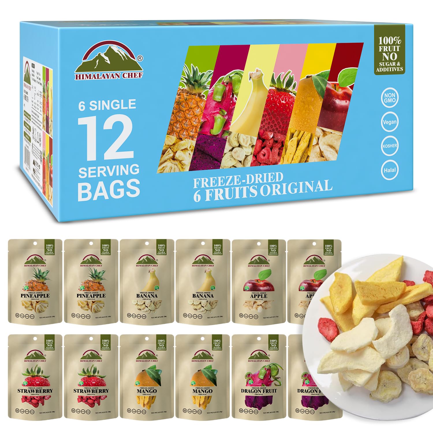 Himalayan Chef Freeze-Dried Fruit Mix 12 Bags - Organic Healthy Snacks for Kids & Adults, 6 Fruits: Banana, Apple, Mango, Pineapple, Strawberry, Dragon Fruit