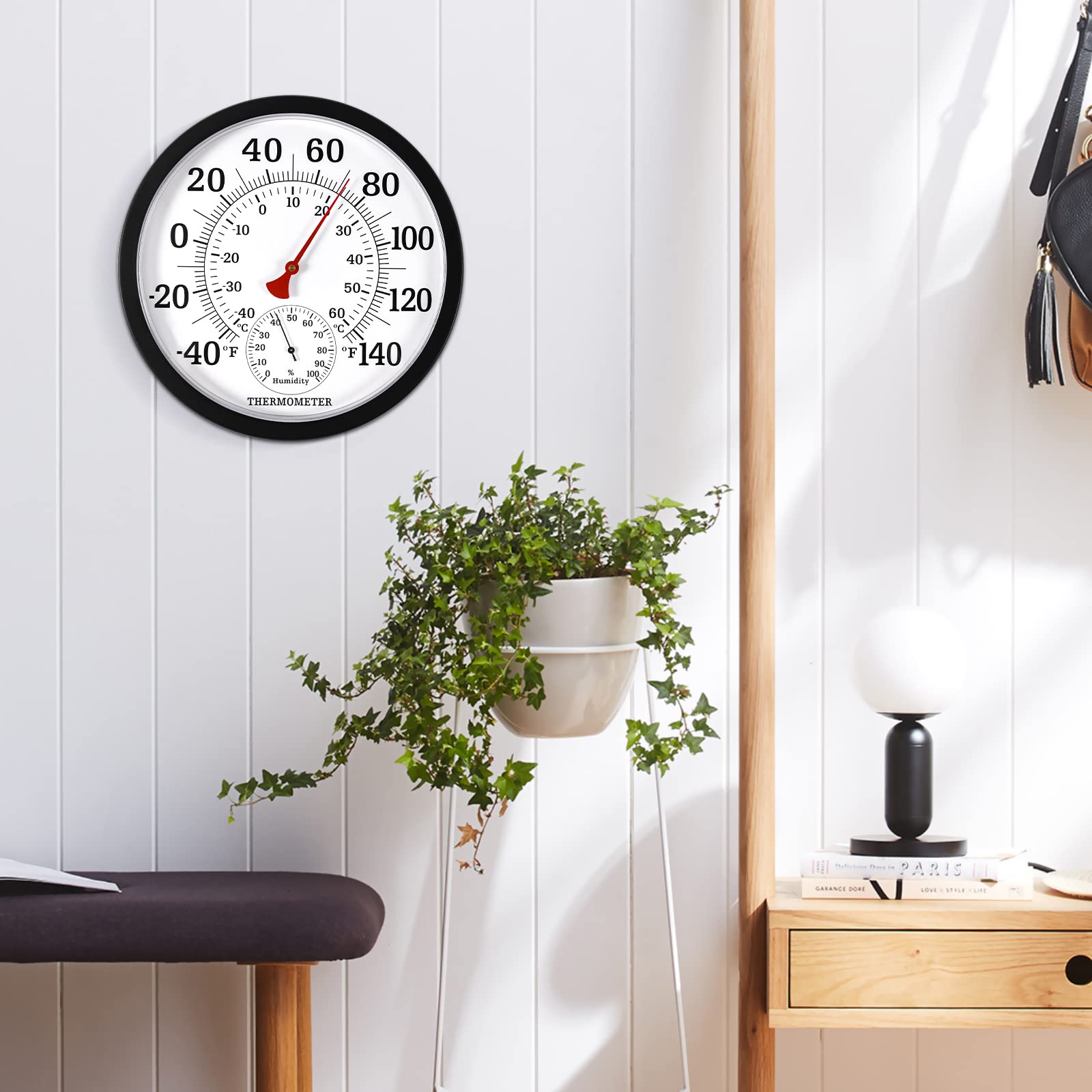 Thermomètre d'intérieur et d'extérieur de 26,7 cm à grands chiffres – Thermomètre hygromètre imperméable à l'eau, pas besoin de piles – Thermomètres d'extérieur pour terrasse, maison, décoration de