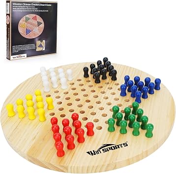 Win SPORTS Chinese Checkers Board - Classic Strategy Game & Fun for The Whole Family, Includes 60 Wooden Pegs in 6 Colors, Made with Natural Wood 11.5 Inch