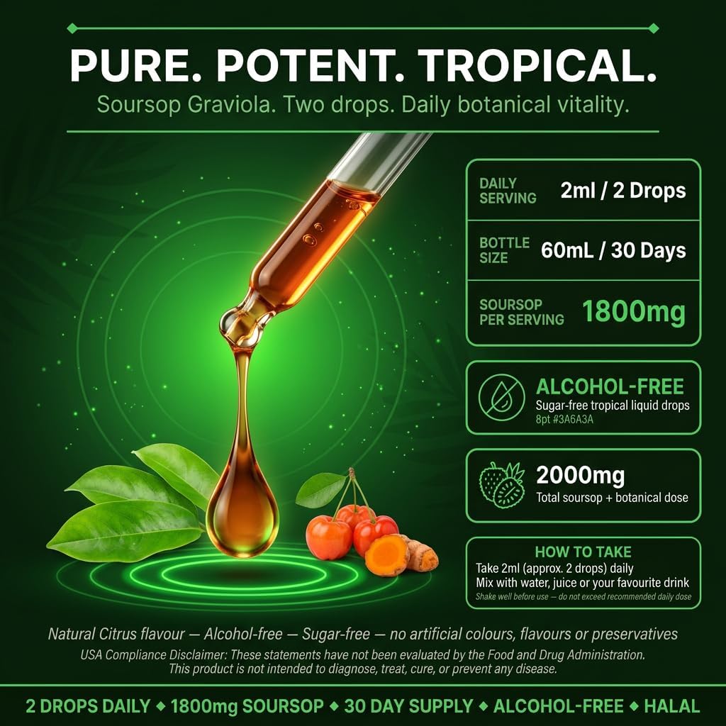 Soursop Graviola Liquid Drops 2000mg, with Acerola Cherry, Turmeric Extract and Black Pepper Extract, 60mL (2 fl oz)