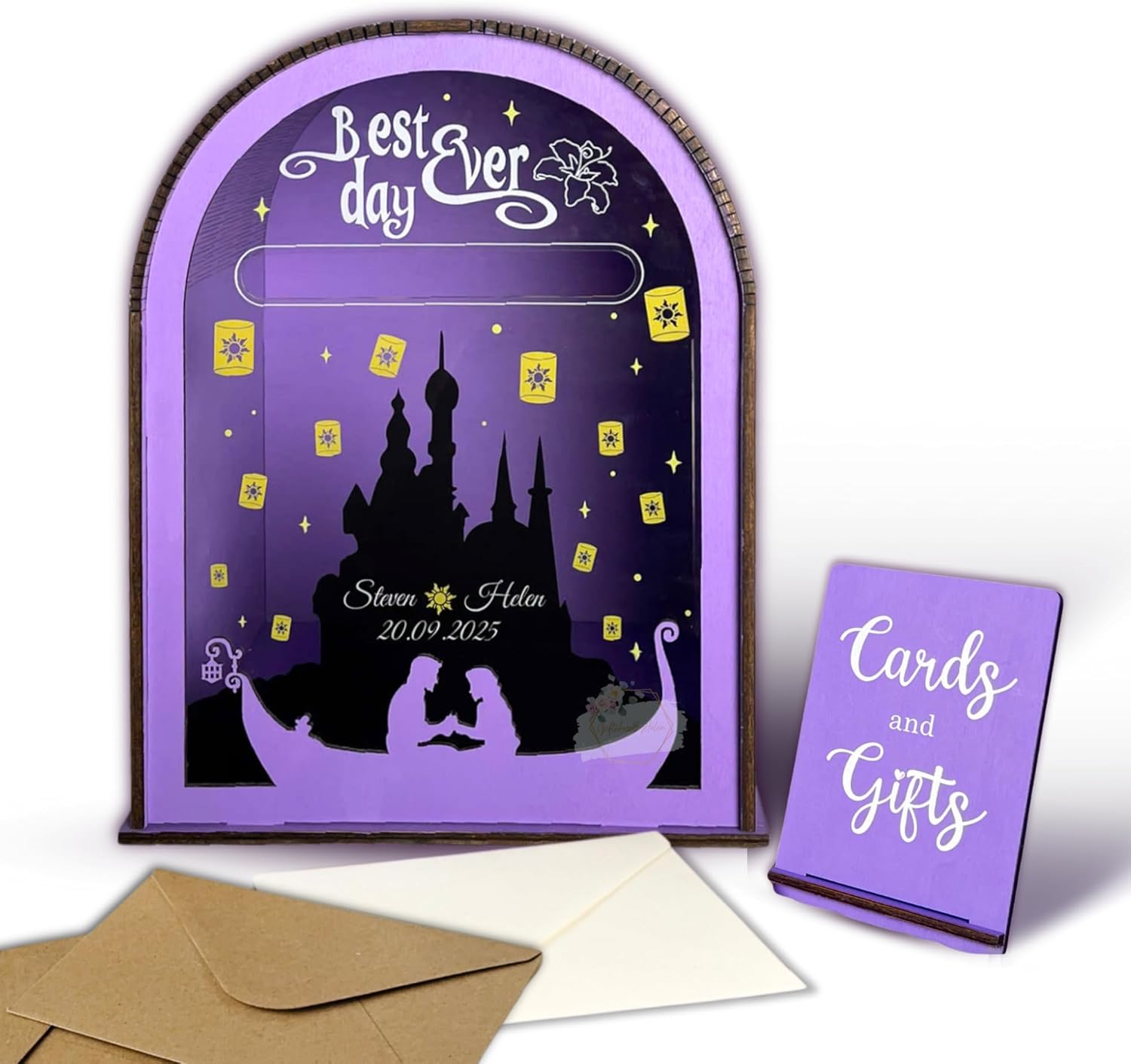 Purple Wedding Card Box with Sun Symbol | Personalized Royal Money Box | Wooden Fairytale Wedding Card Box for Reception with Royal Fairytale Theme | Purple Keepsake Gift for Wedding, Anniversary