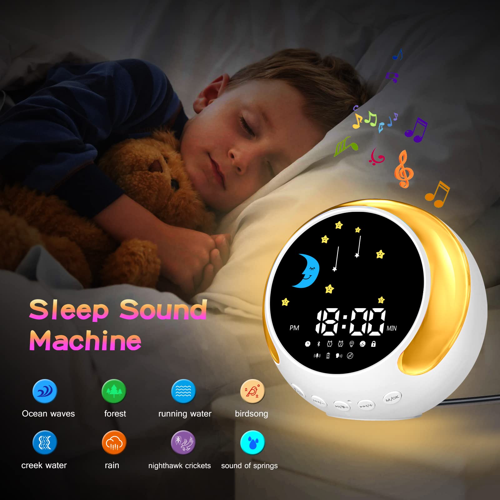 Lumière de réveil pour enfants avec deux alarmes, son d'entraînement au sommeil, affichage soleil et lune, réveil pour garçons et filles