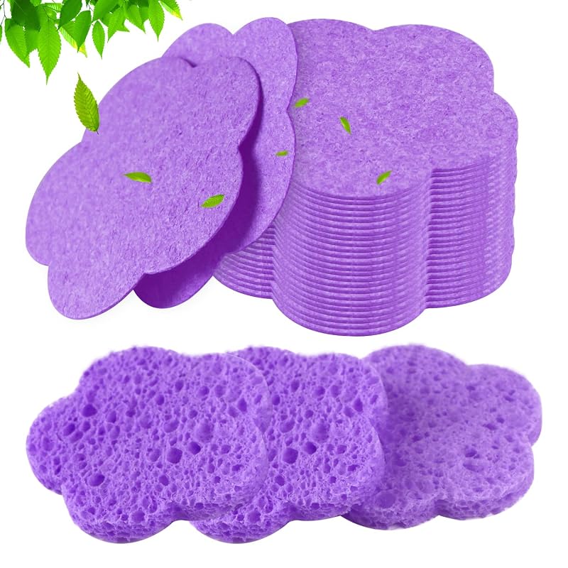 Esponjas faciais de celulose em formato de flor, roxas, Pacote com 50 e caixa transparente