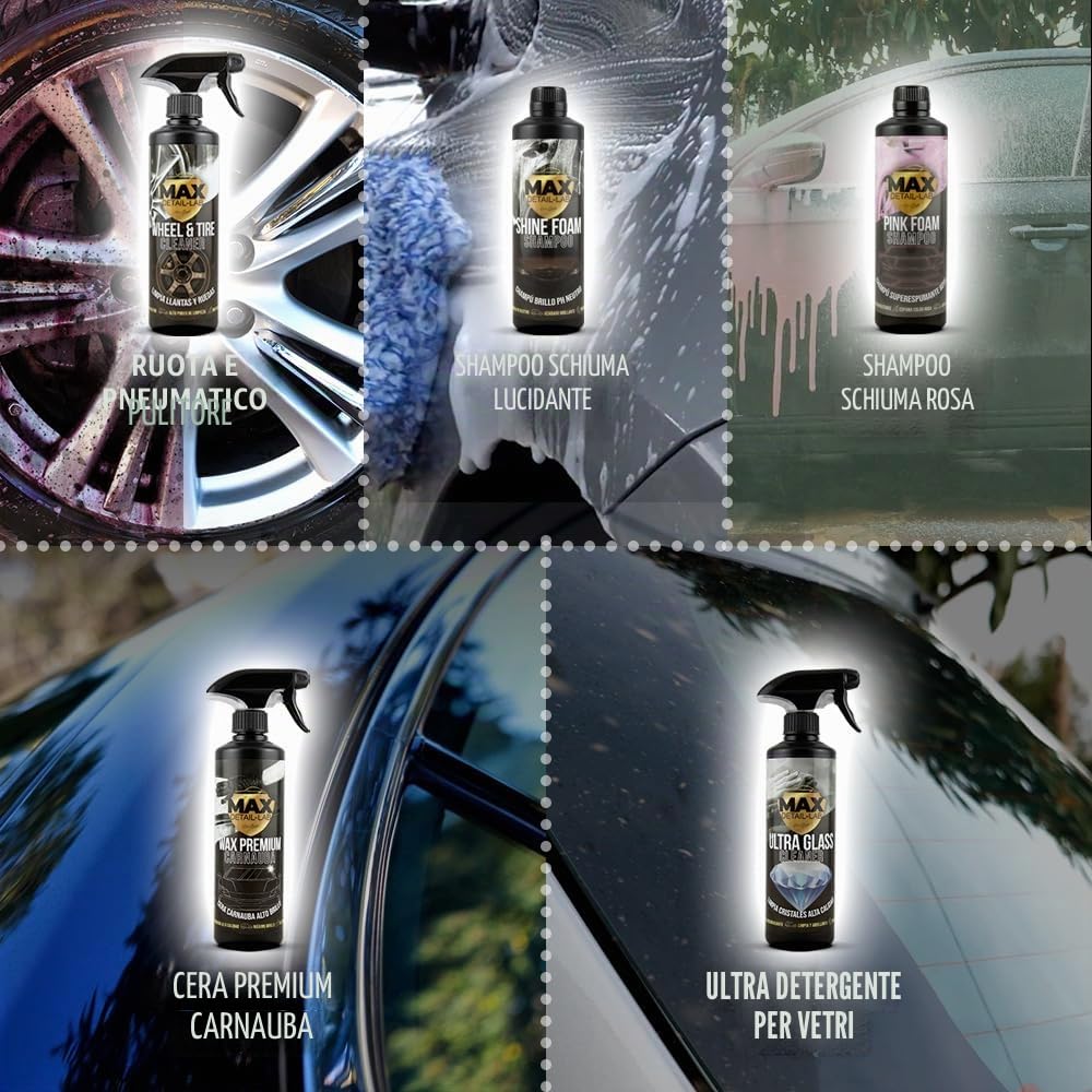 MAX DETAIL-LAB - Detailing Pack - Kit Pulizia Auto con Accessori Lavaggio Inclusi, Prodotti Interni Esterni, Shampoo, Pulitore Cerchi, Sedili, Cera, Vetri, Cruscotto