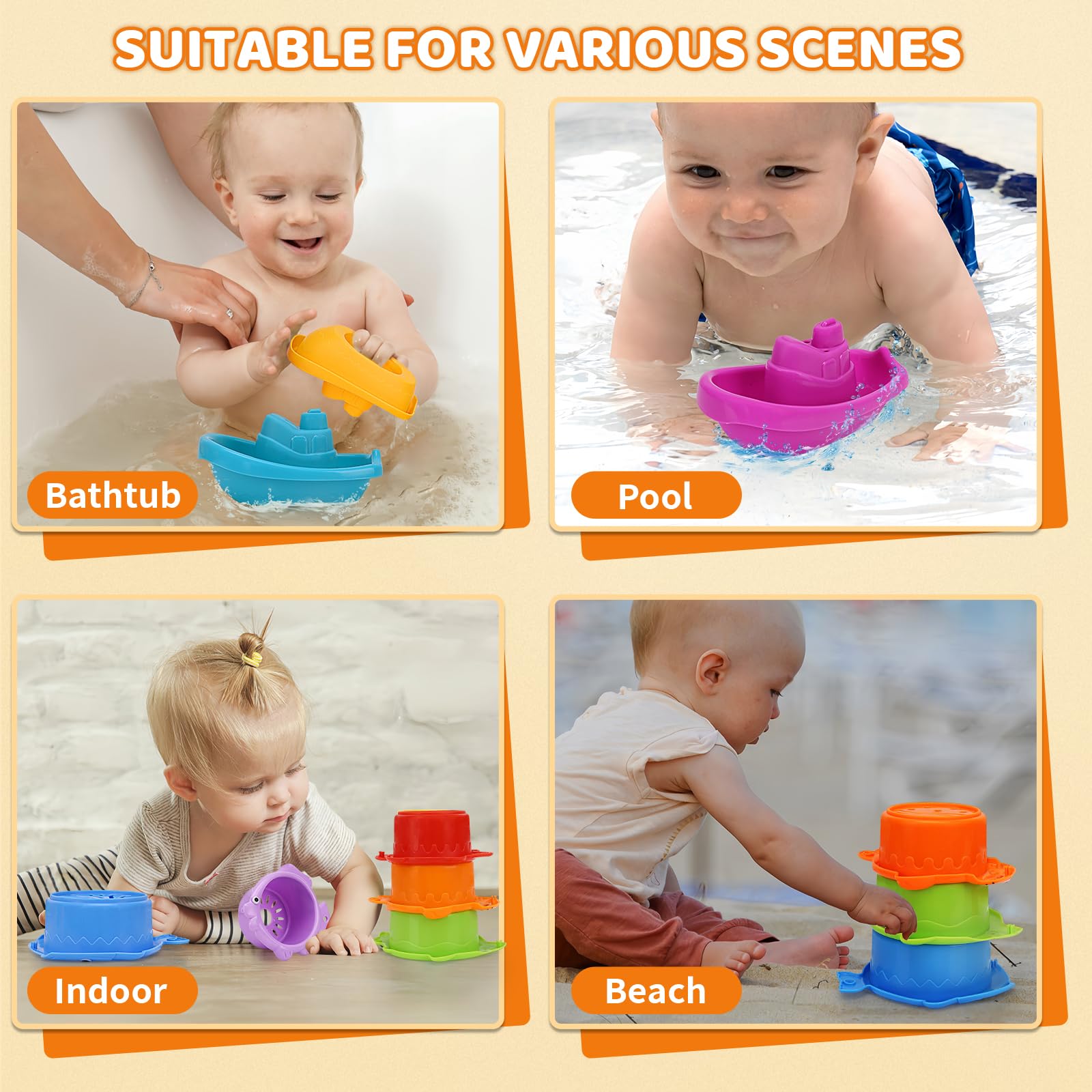 Juguetes de baño para bebés de 1 a 3 años, 13 juguetes de bañera para bebés de 6 a 12 a 18 meses, juguetes de baño sin moho para niños de 2 a 4 años, vasos apilables y regadera, juguetes de mesa de 6