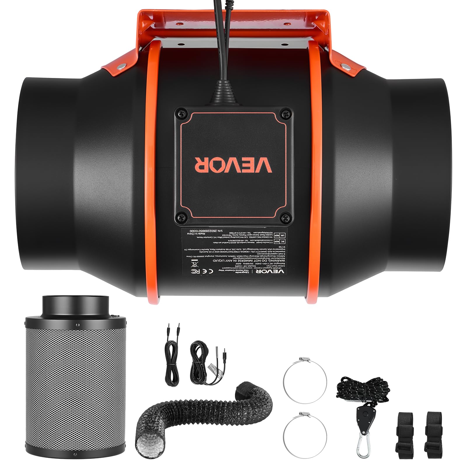 VEVOR Kit Ventilateur de Gaine à Flux Mixte avec Filtre à Charbon 683 m³/h, Extracteur d'air en Ligne 152,4 mm pour Tente de Culture, 10 Vitesses, Moteur EC, Contrôleur PWM, Contrôle App, Minuterie