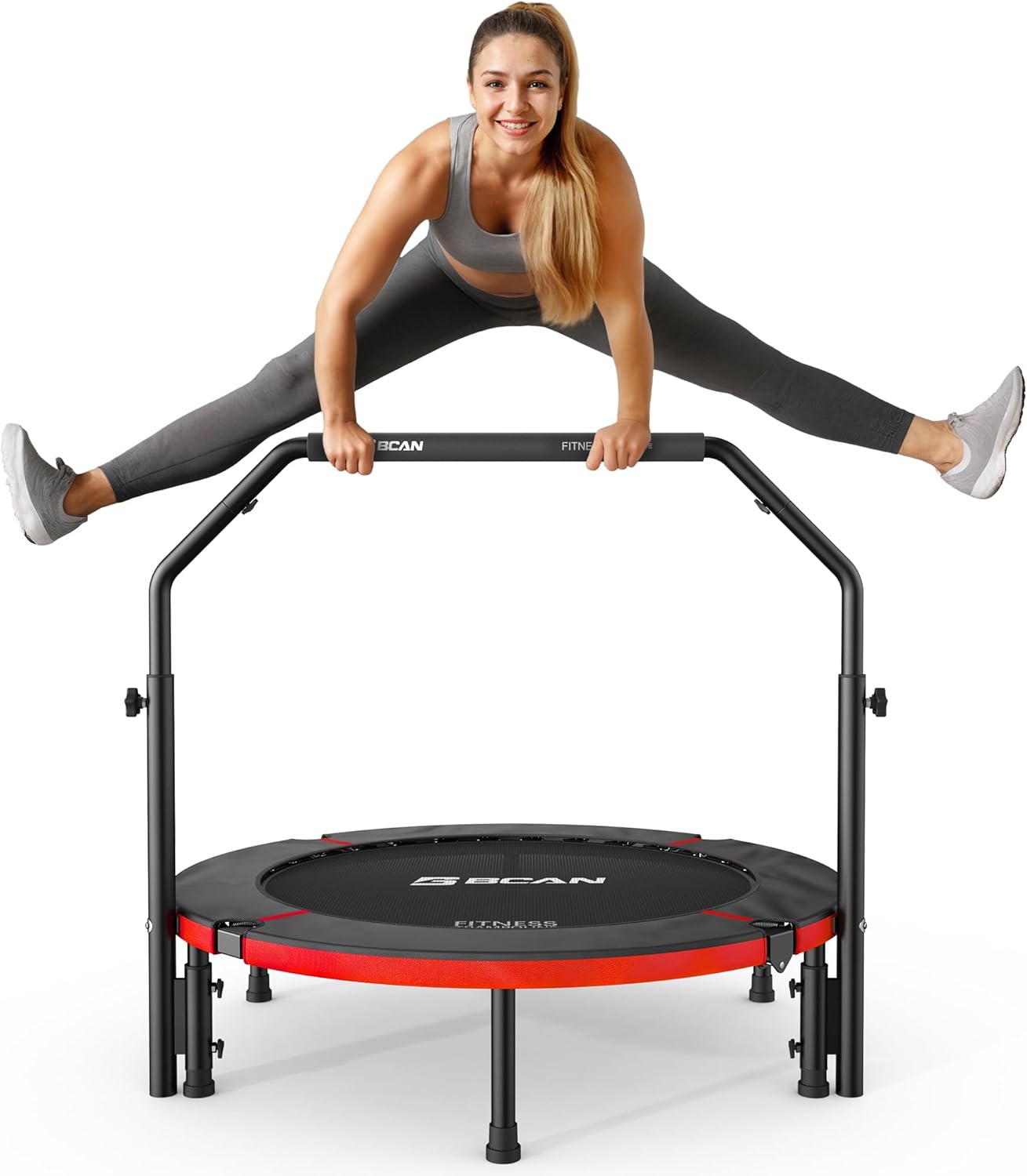 BCAN 40"/48" Foldable Mini Trampoline, Rebounder Trampoline for Adults, U/T Adjustable Foam Handle, Exercise Rebounder for Adults Indoor/Garden Workout, Max Load 330lbs/440lbs 40-inch 40IN-U-Handle-Red