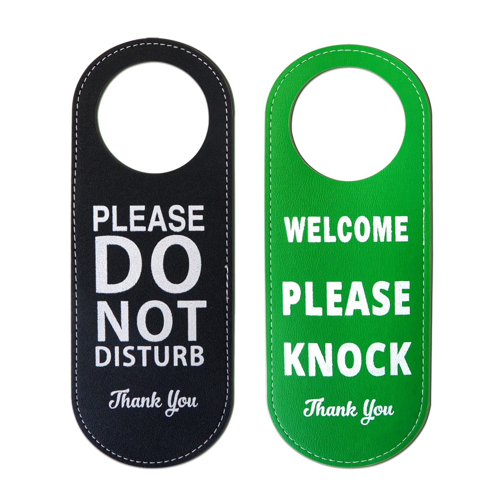 2Pcs Do Not Disturb Welcome Please Knock Door Hanger Signs, Double Sided Privacy Signs, PU Leather Door Hanger Tags for Home, Office, Hotel (Black and
