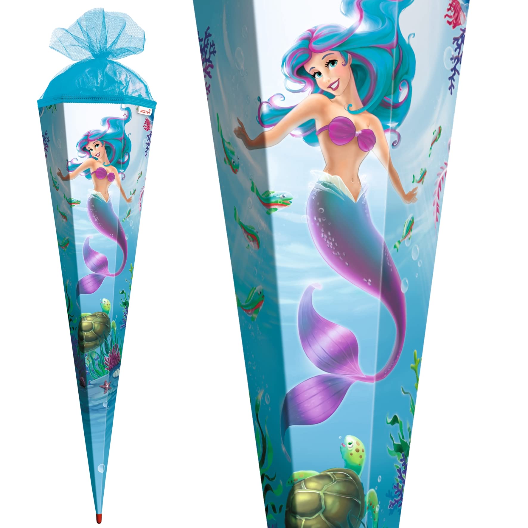 ROTH Cono di scuola grande sirena 100 cm – 6 rettangolari rossi, con chiusura in tulle – sacchetto di zucchero per l'inizio della scuola