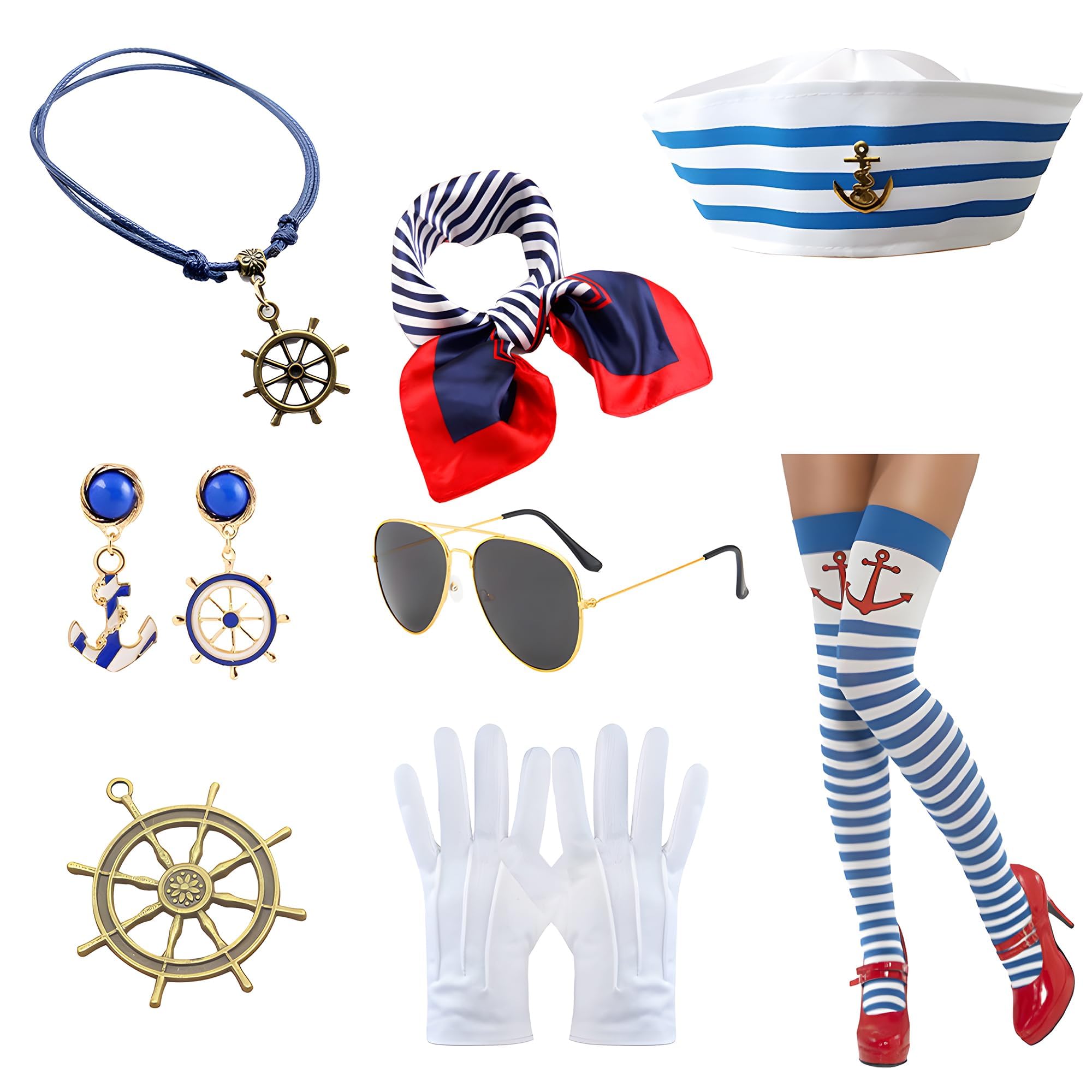 cadelon Sailor Costume Complete Set with Sailor Hat, Scarf, Glasses, Earrings, Necklace, Brooch, Gloves & Leg Socks for Cosplay, Nautical Theme Parties – Perfect Sailor Outfit for Adults