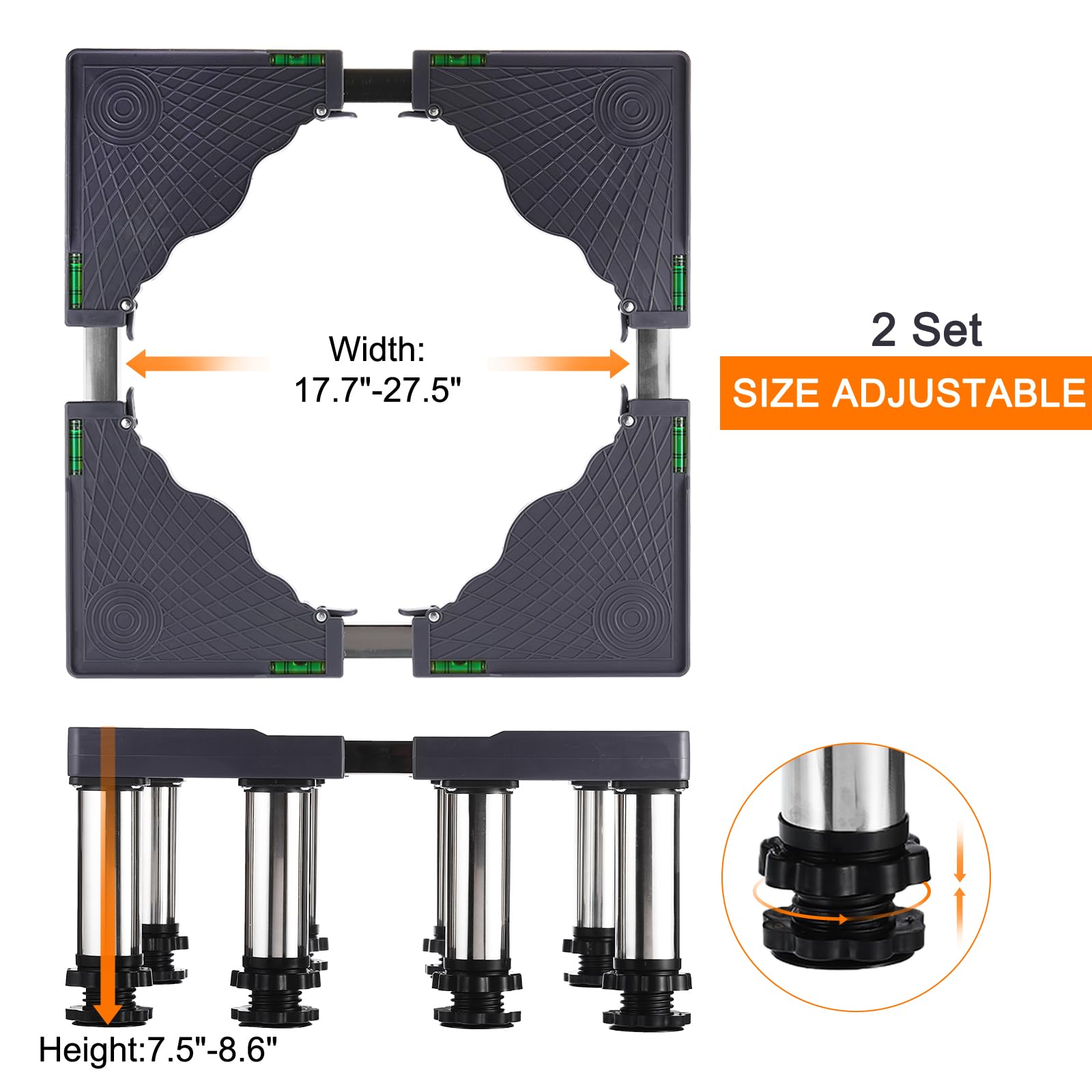 PATIKIL Soporte para Mini Nevera, Base de Soporte para Lavadora de 8 Patas Fuertes, Base Multifuncional Ajustable con Bandeja Antivibración, Altura de 7.5"-8.6", Paquete de 2