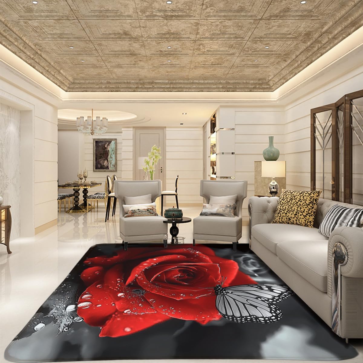 Red Rose Butterfly Carpet with Raindrops, Black and White red Romantic Valentine's Day Gift Elegant Floral Carpet, Soft and Comfortable Flannel Fabric Bedroom Bathroom Decoration 24x36inch