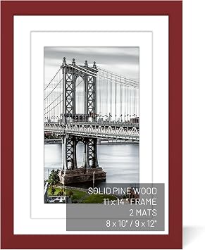 11x14 Picture Frames Solid Wood Display Pictures 9x12 or 8x10 with Mat or 11x14 Frame without Mat Poster Photo Frame Art with 2 Mats for Wall Mounting or Table TopRed