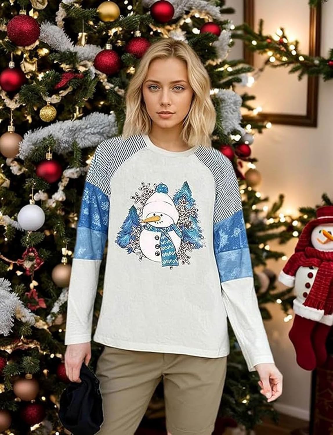 Christmas Snowman Striped Leopard Shirt Women Xmas Leopard Striped Splicing T-Shirt Color Block Casual Long Sleeve Tops - Image 3