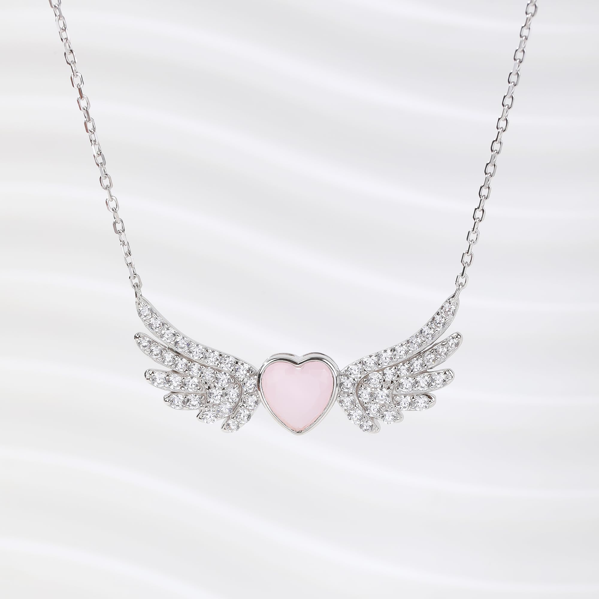 Angel Wings Necklace with Rose Quartz & Zirconia, 925 Sterling Silver Pendant for Women, Guardian Angel Jewelry Gift, Winged Design with Gemstone, Elegant Necklace for Girls & Ladies
