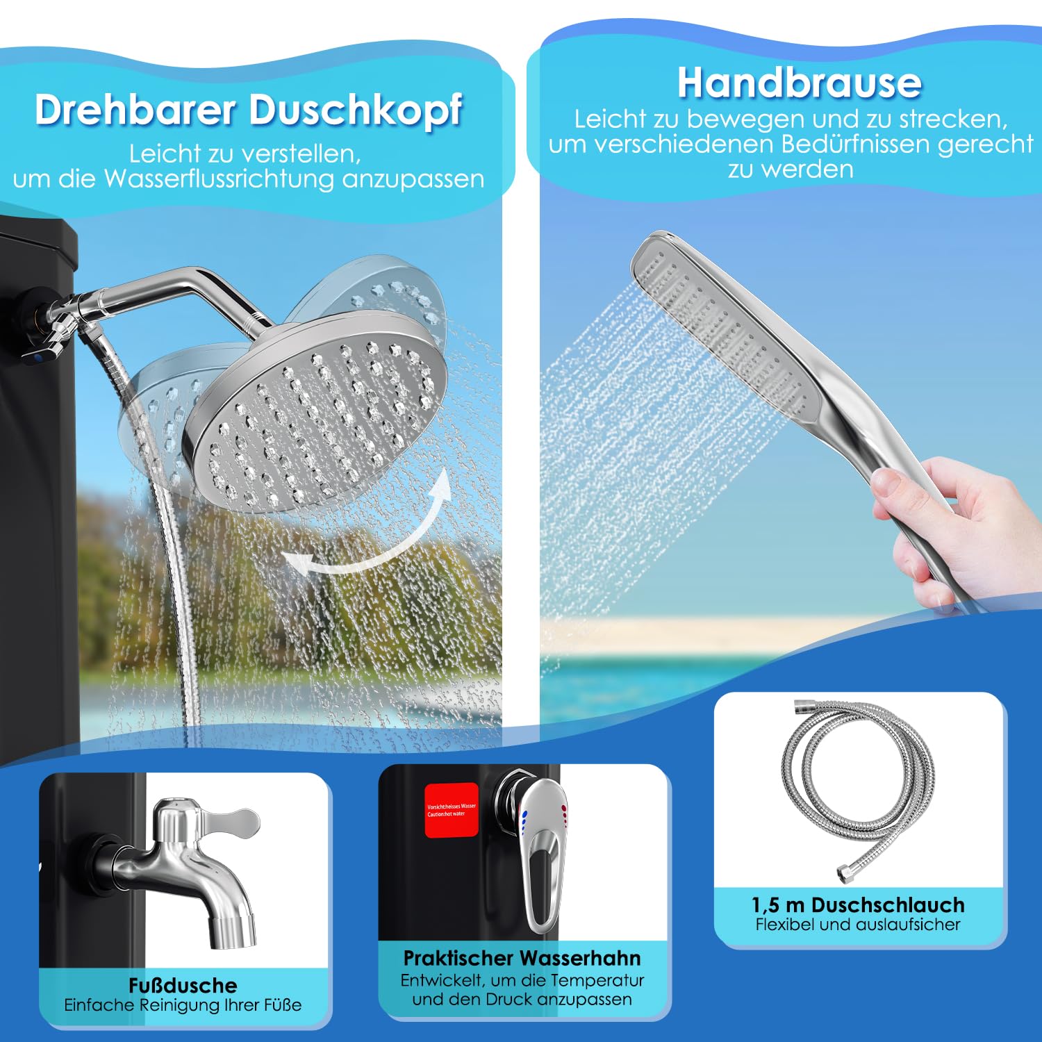 Eulenke Solardusche 35L Solar Gartendusche mit 360°Regenduschkopf, Wasserhahn und handbrause, Warmes Wasser Max. 60℃, ohne Stromanschluss, Pooldusche mit Schutzhaube-Ablassschraube, Schwarz