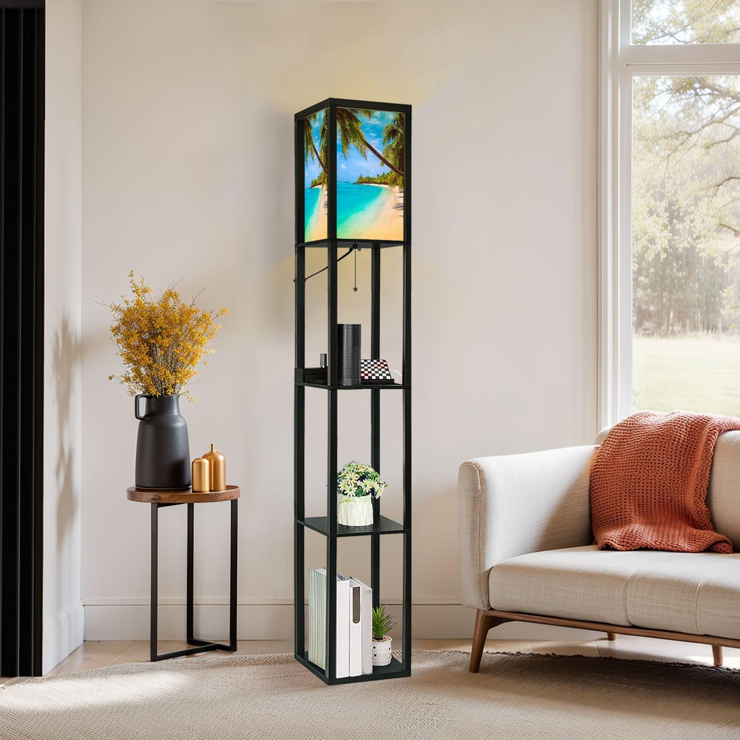Floor Lamp with Shelves Dream Beach Palm Tree White Sand Turquoise Ocean Standing Tall Lamp USB Ports & Power Outlet Modern Corner Lamp Nightstand Light for Living Room Bedroom