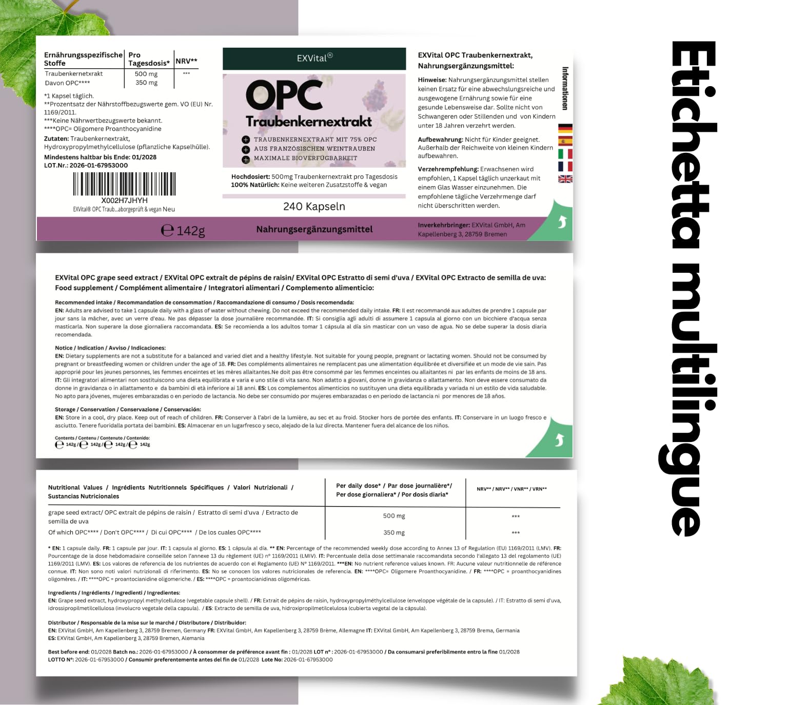 EXVital® OPC Estratto di semi d'uva - 240 capsule - dosaggio elevato con 500 mg per capsula - da uve francesi - testato in laboratorio e vegano