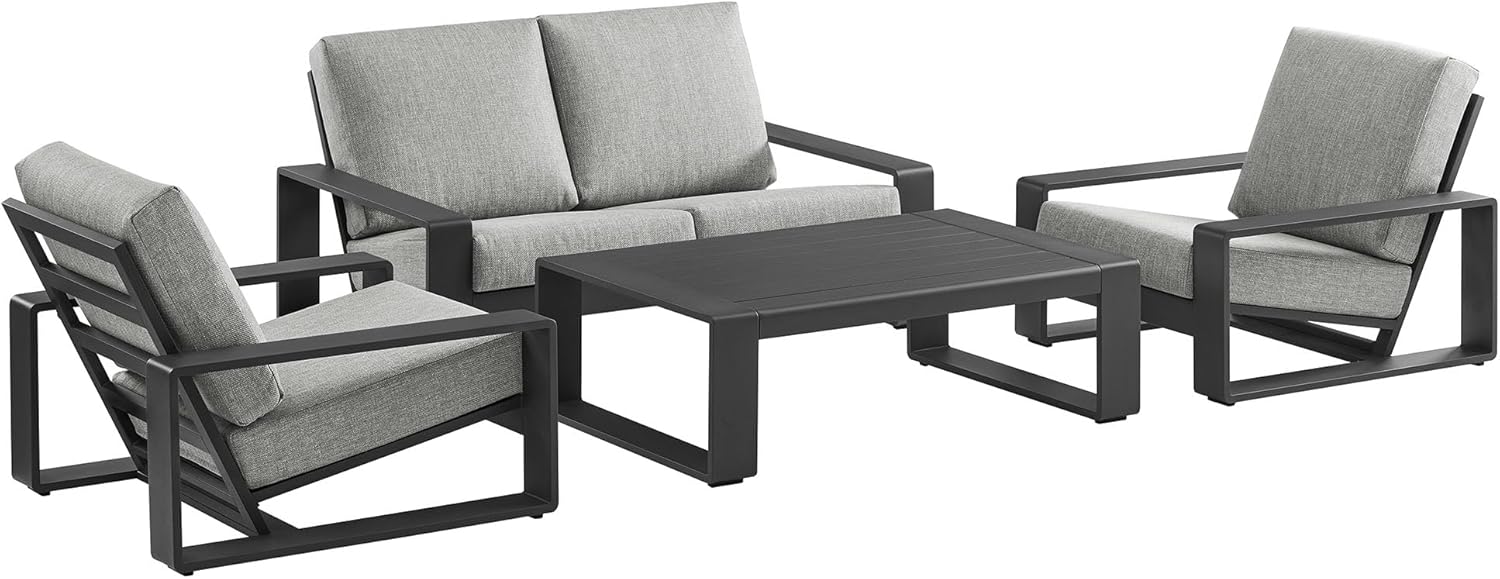 Modway Lirienne Aluminum 4-Piece Backyard Furniture Set in Light Gray – Patio Conversation Set with 2 Armchairs, Loveseat & Coffee Table