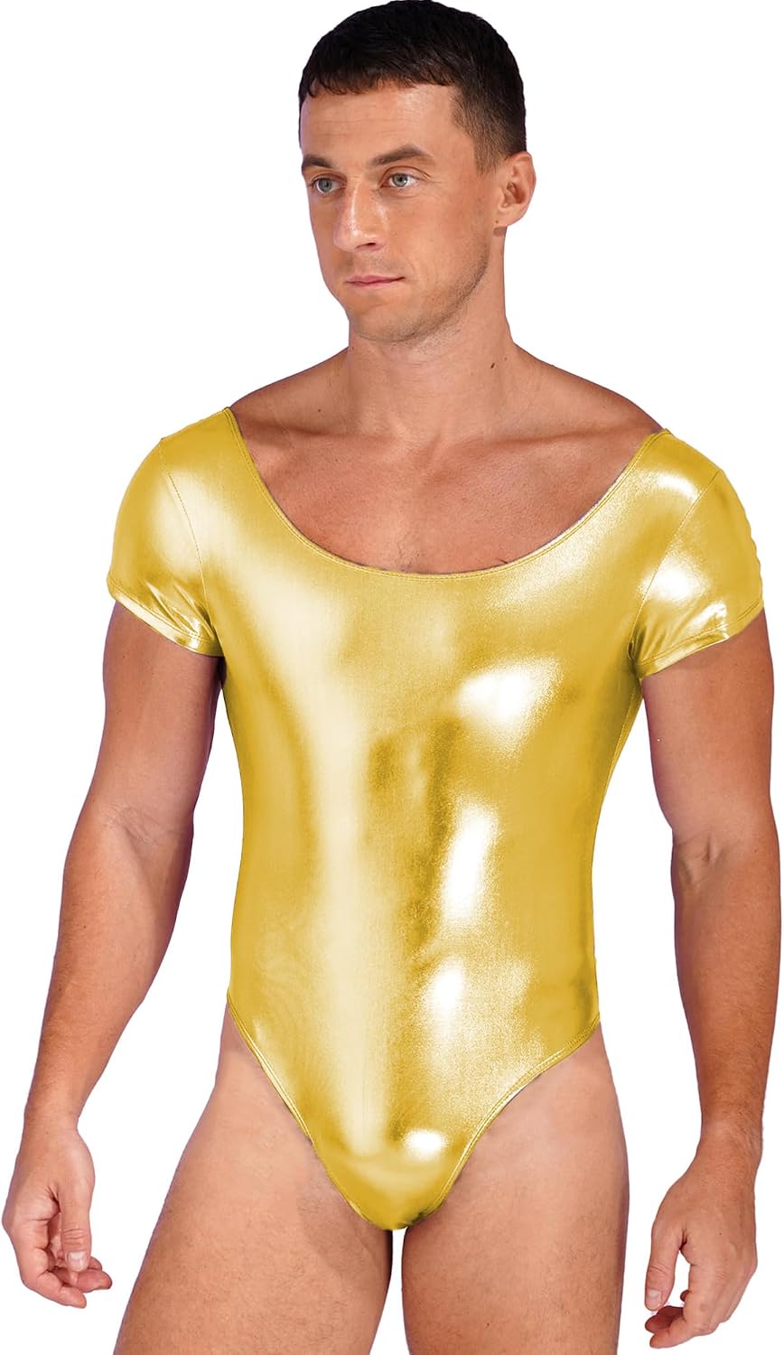 Alvivi Men Short Sleeve Thong Bodysuit Swimwear Shiny PVC Leather One-piece Bodycon Leotard Dancewear