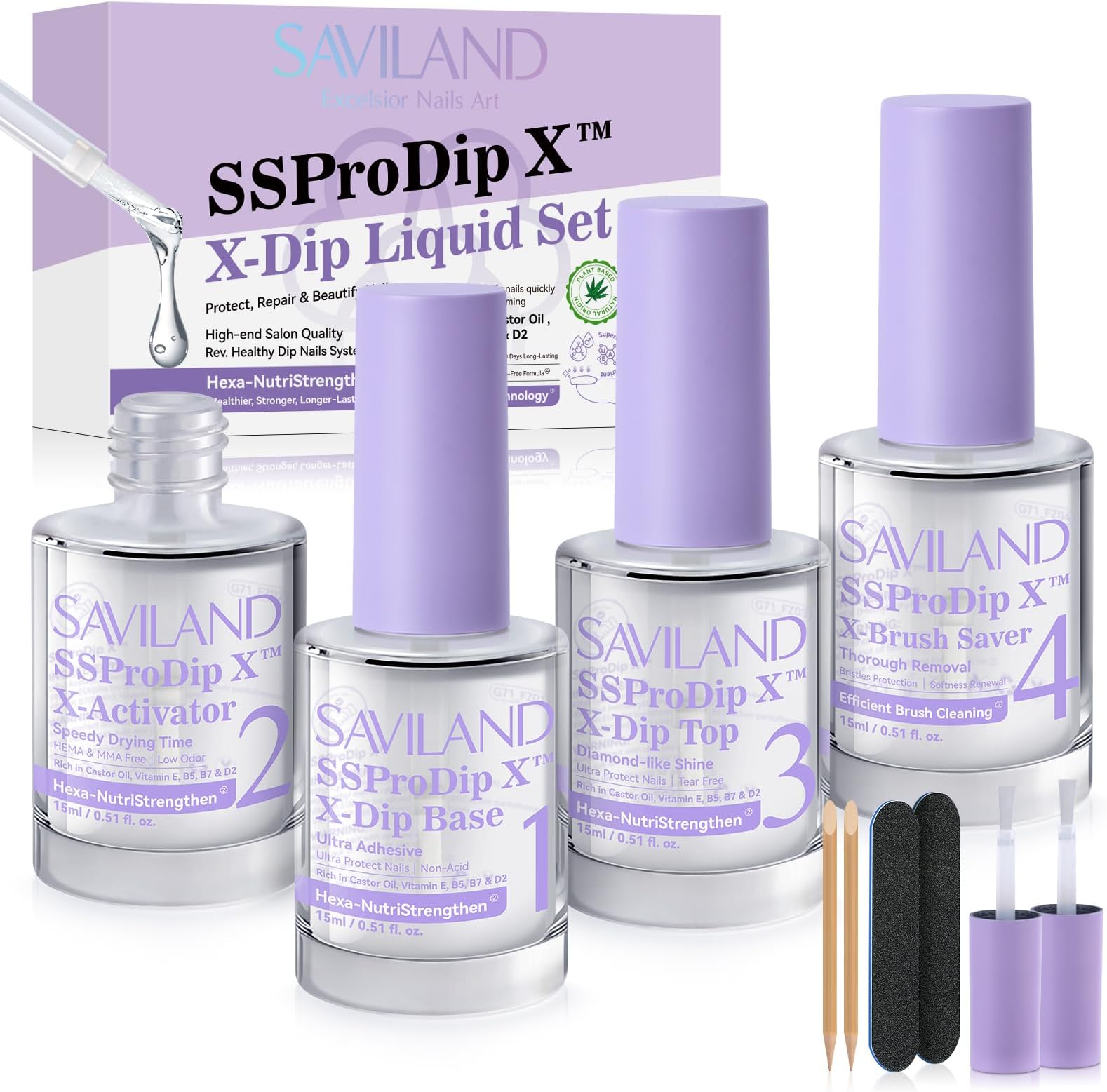 SAVILANDDip Powder Liquid Set: 15 ml/0.5 Oz Nail Dipping System Essentials - Base, Top, Activator, Brush Saver - Strengthen Nails DIY at Home, No Lamp Needed