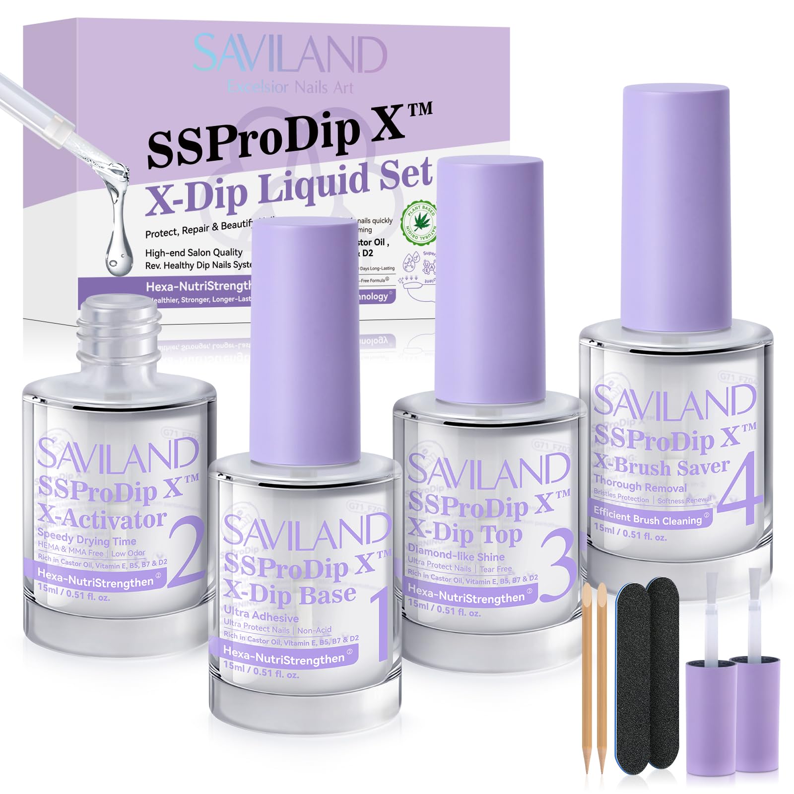 SAVILANDDip Powder Liquid Set: 15 ml/0.5 Oz Nail Dipping System Essentials - Base, Top, Activator, Brush Saver - Strengthen Nails DIY at Home, No Lamp Needed