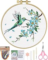 ERKOON Hummingbird Embroidery Kit for Beginners - Stamped Cross Stitch Set with Adjustable Hoop, Threads & Tools (Green Pattern)