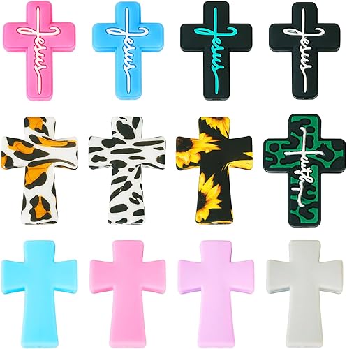 Miniatura 7 de FASHEWELRY 12 cuentas focales de silicona cruzada para bolígrafos, cuentas en forma de cruz de leopardo, cuentas de goma de silicona de Jesús para