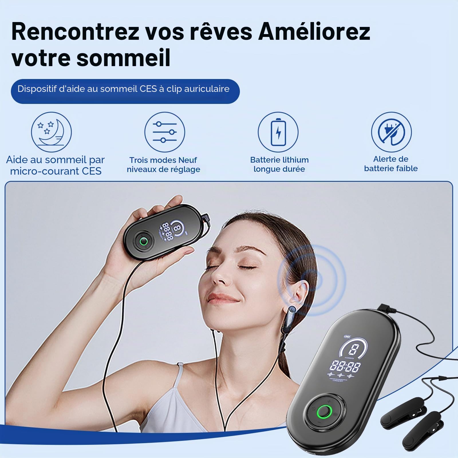 Roadtime Appareil d'aide au Sommeil,Appareil de Stimulation du Nerf Vague | Avancé d'oreille Micro Courant avec Clips,3 Modes 9 Vitesses Aide au Sommeil,,CES Réduit L'anxiété soulage la fatigue