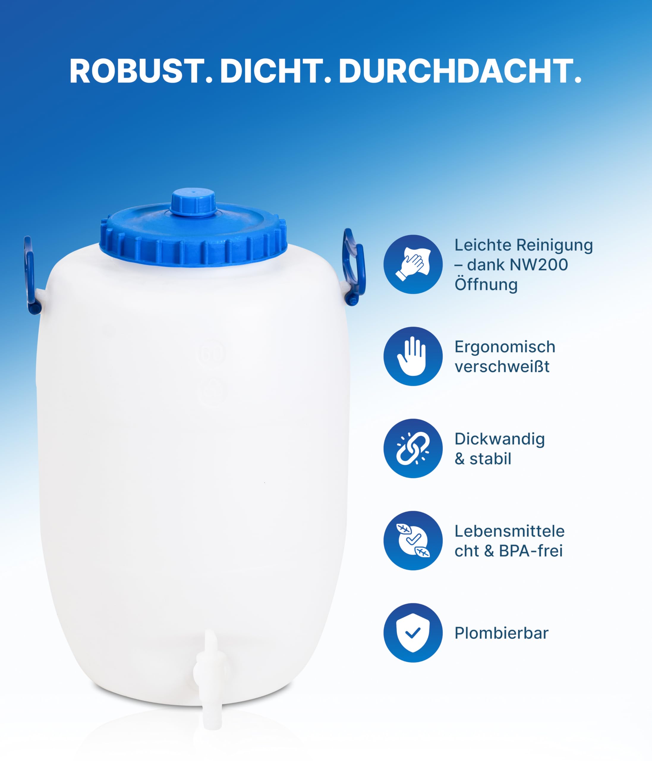 Hessentaler Container® Getränkefass 60L – Lebensmittelechtes Weithalsfass mit Deckel & Hahn – Made in Germany – extrem stabil, chemikalienbeständig, leicht zu reinigen – ideal für Most, Wein & Wasser
