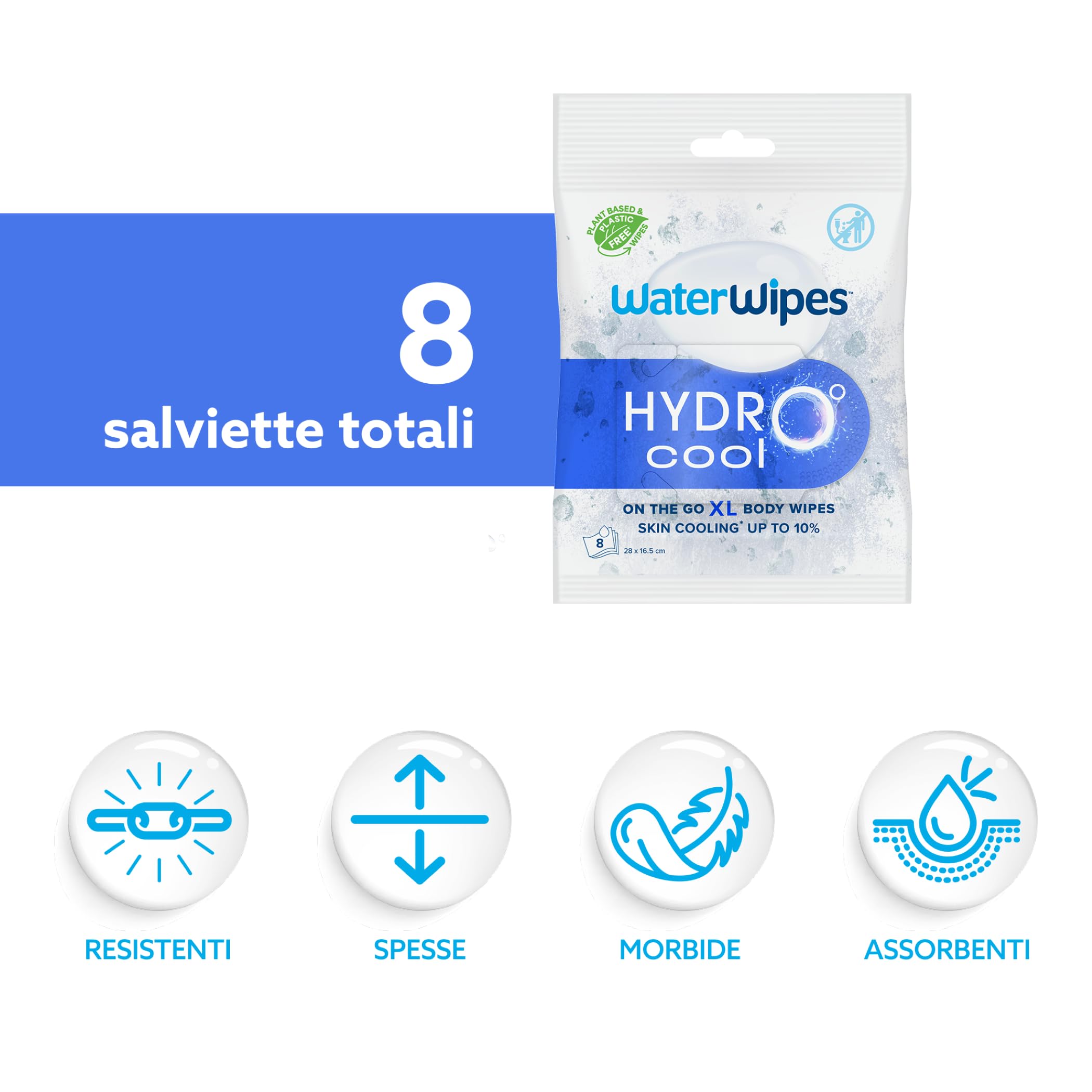 WaterWipes HydroCool Salviette Rinfrescanti XL per il Corpo, Effetto Raffreddante Istantaneo On-the-Go, Rimuove Sudore e Odori, Ideali per Palestra, Viaggi e Attività Outdoor, 8 Pezzi (1 Confezione)