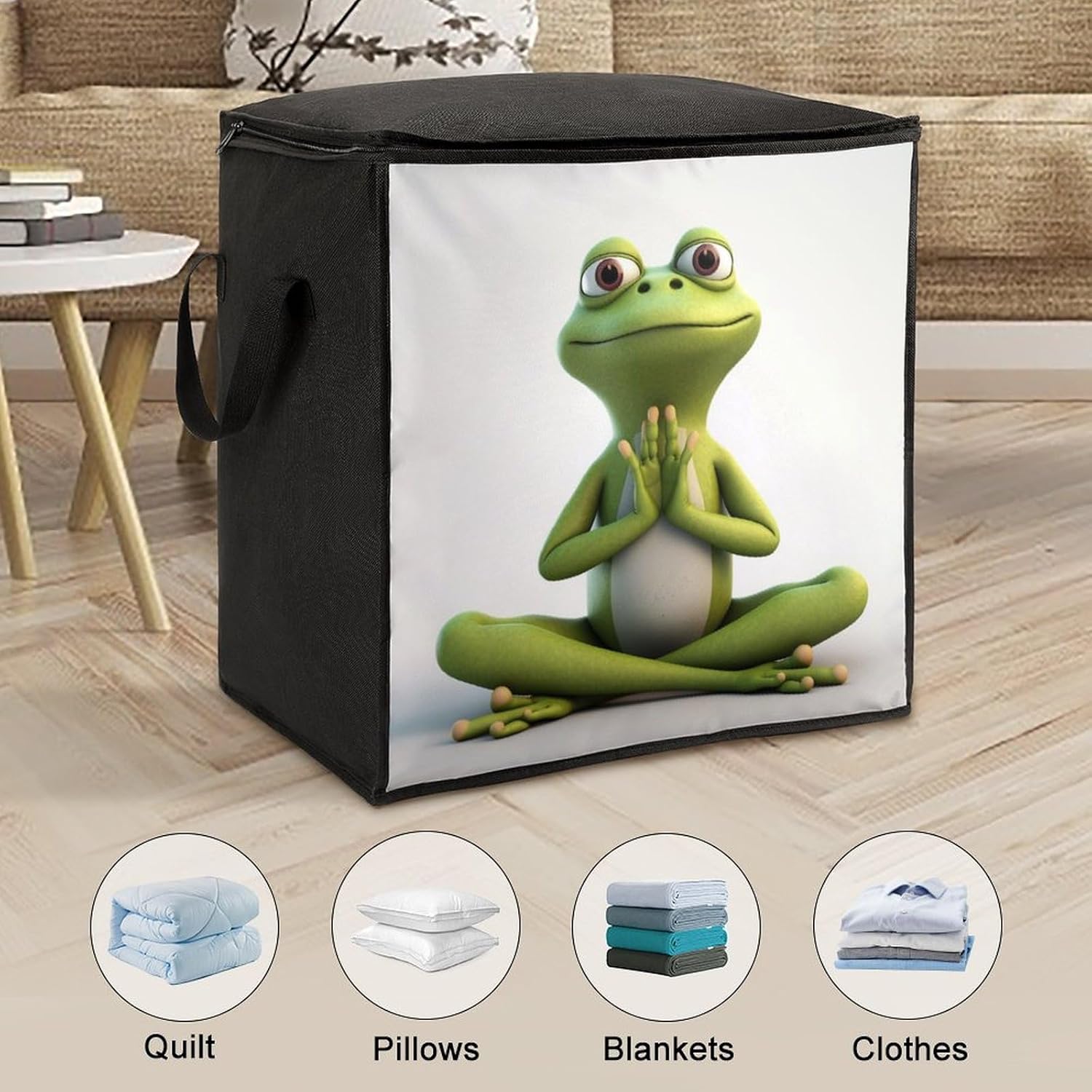 Portable Quilt Storage Bag,The Funny Frog Doing Yoga Printed Foldable Wardrobe Storage Box Foldable Storage Bag with Lids And Handle Large Clothing Storage Bag for Comforters Clothes Blankets Pillows