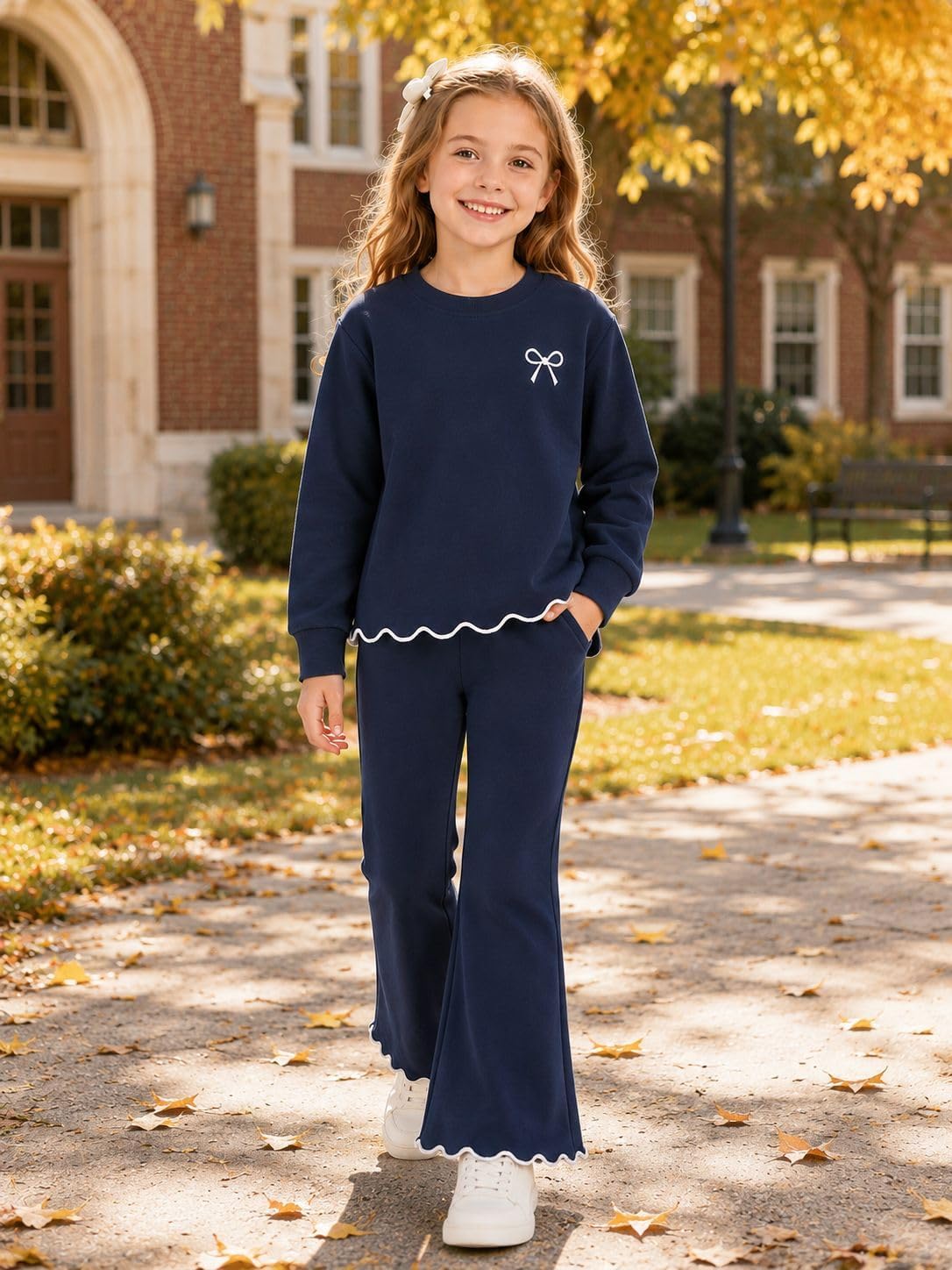 HILEELANG Girls Outfit Set 2 Piece Sweatshirt Top with Flare Pants image 3