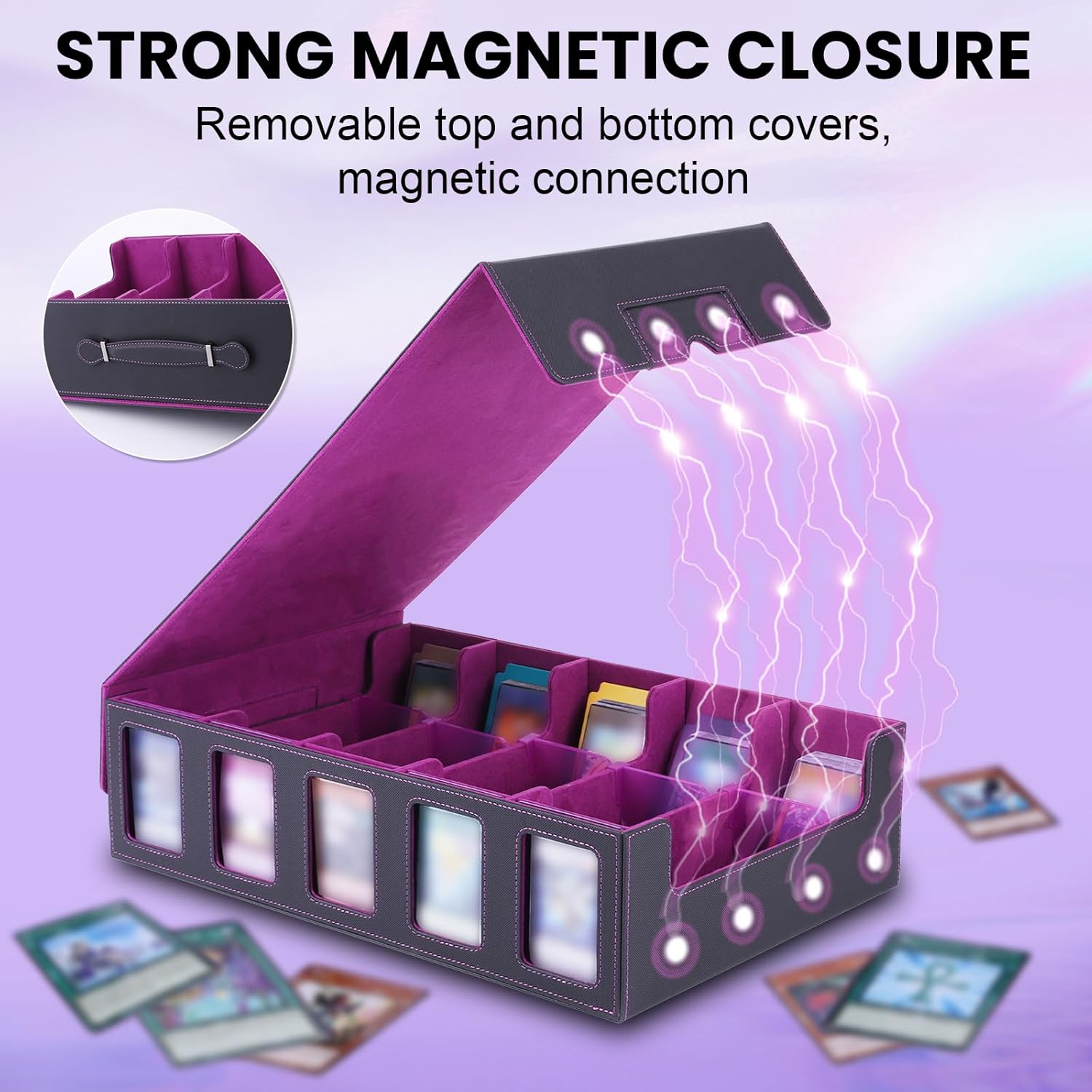 Trading Card Storage Box for MTG with Commander Display, 3900+ Card Deck Box with Handle for Magic TCG Sports Cards, 5 Toploaders, 5 Stoppers, 48 Dividers, Gifts for Card Collector(Black & Purple)