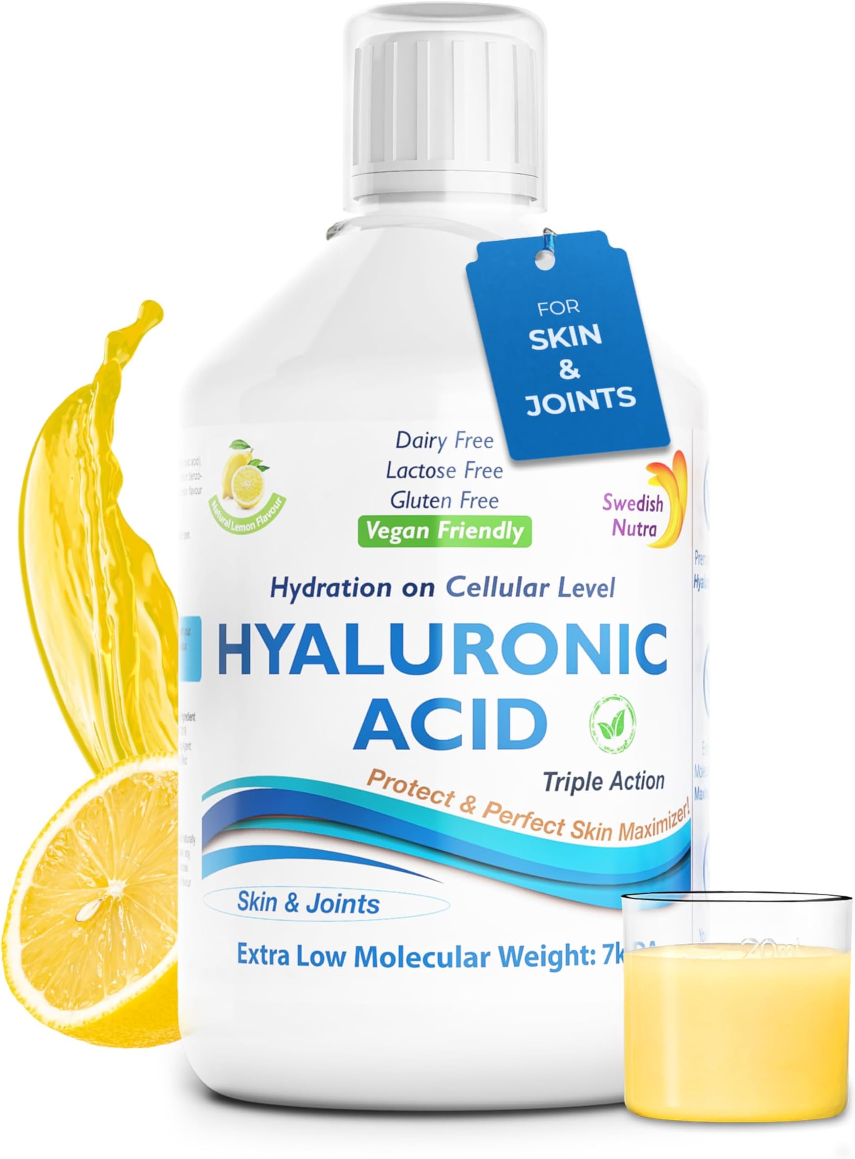 Swedish Nutra - Hyaluronic Acid Liquid Supplement - Pack of 500 ml, 33 Day Supply | Plus Vitamin C & Silica for Skin & Joint Hydration | Vegan & Free from Sugar & Gluten | 100% Natural Lemon Flavour
