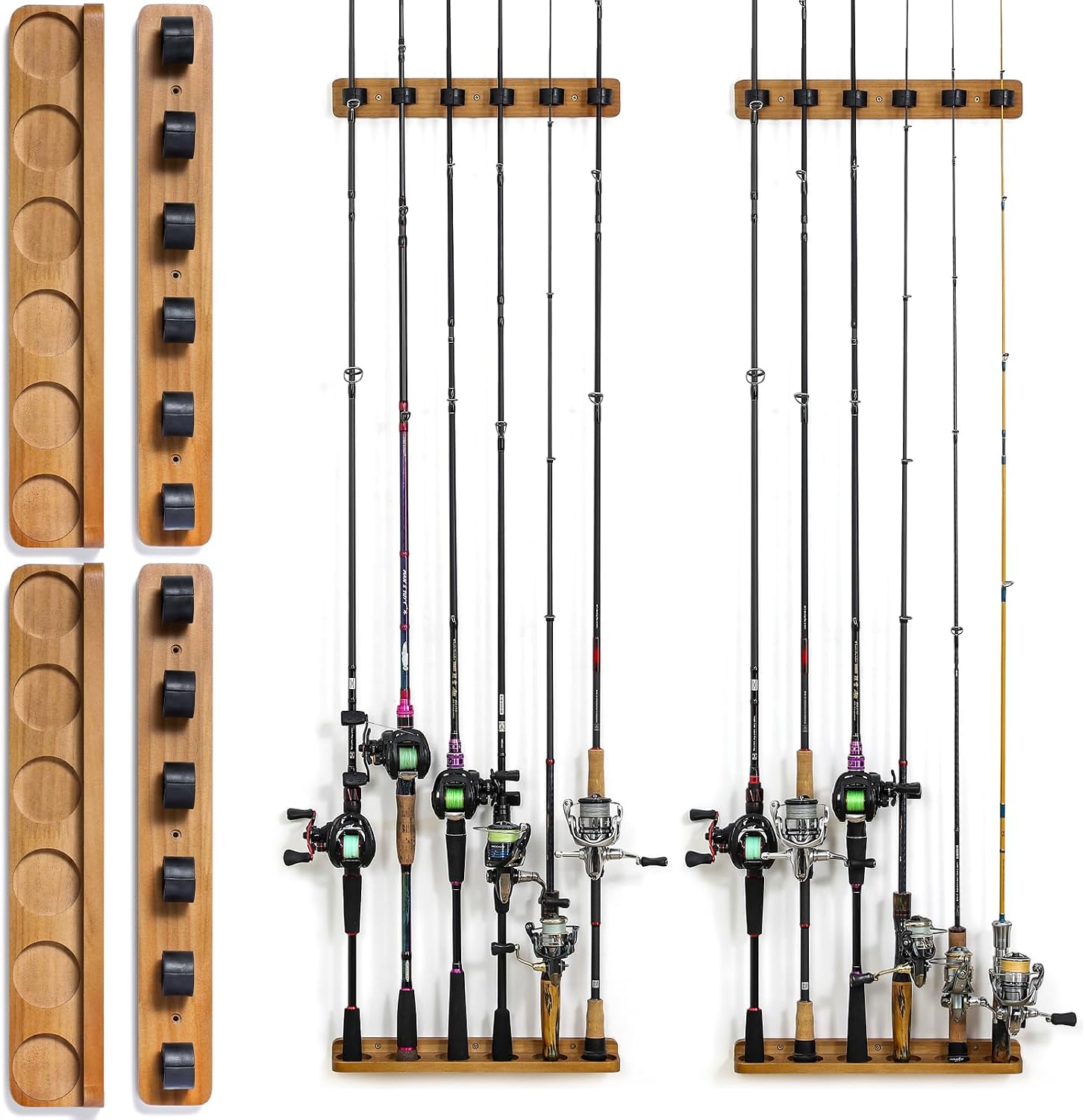 LANDNEOO Fishing Rod Holder Vertical 2 Pack, Wooden Wall Mounted Rod Rack, Holds Up to 12 Rods or Combos, Fishing Pole Holders for Garage Storage, Fishing Gear Gifts for Men