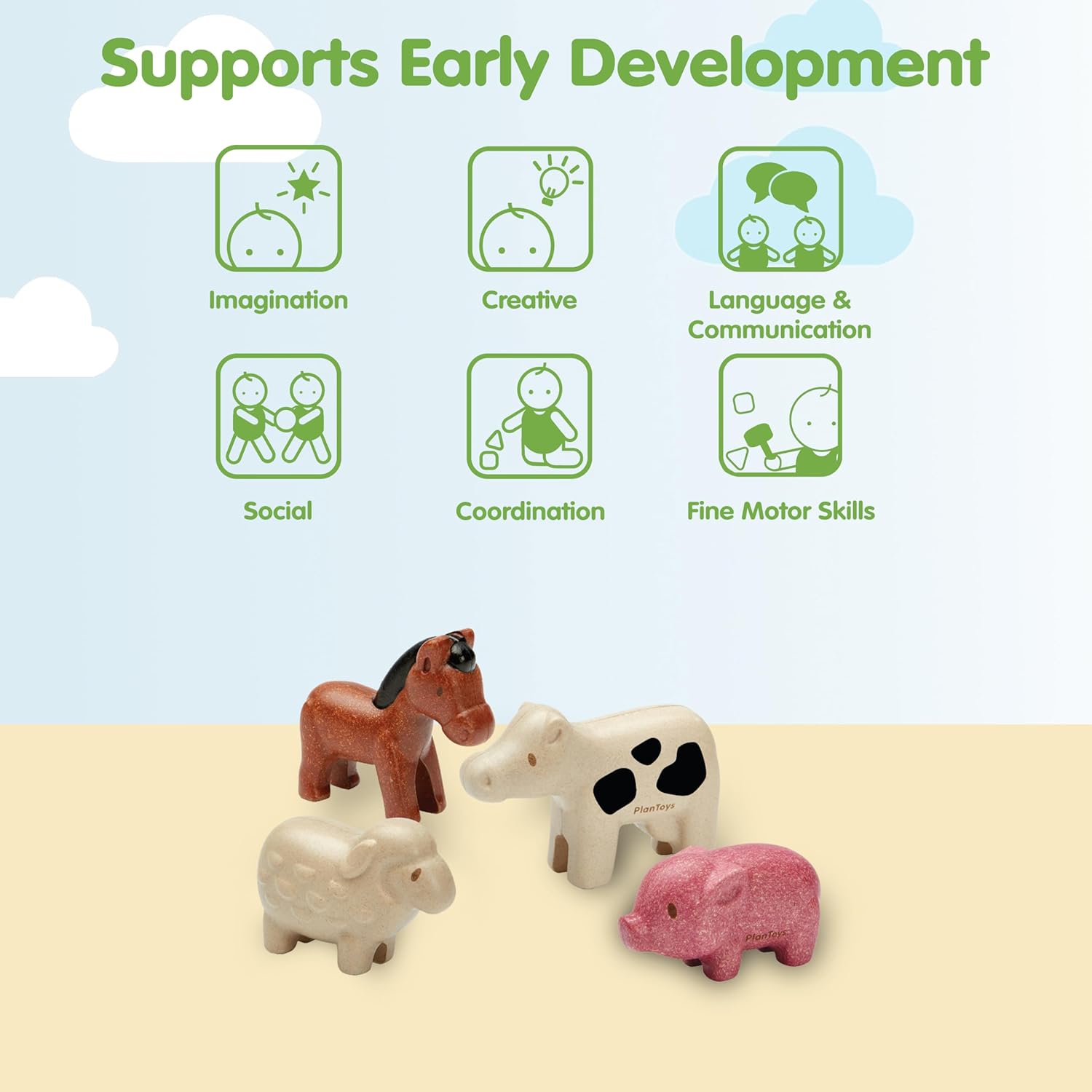 PlanToys Farm Animal Figurines Set - Four Cute Sustainably-Made Wood Pig, Sheep, Cow, and Horse Figures to Stimulate Interactive and Creative Play