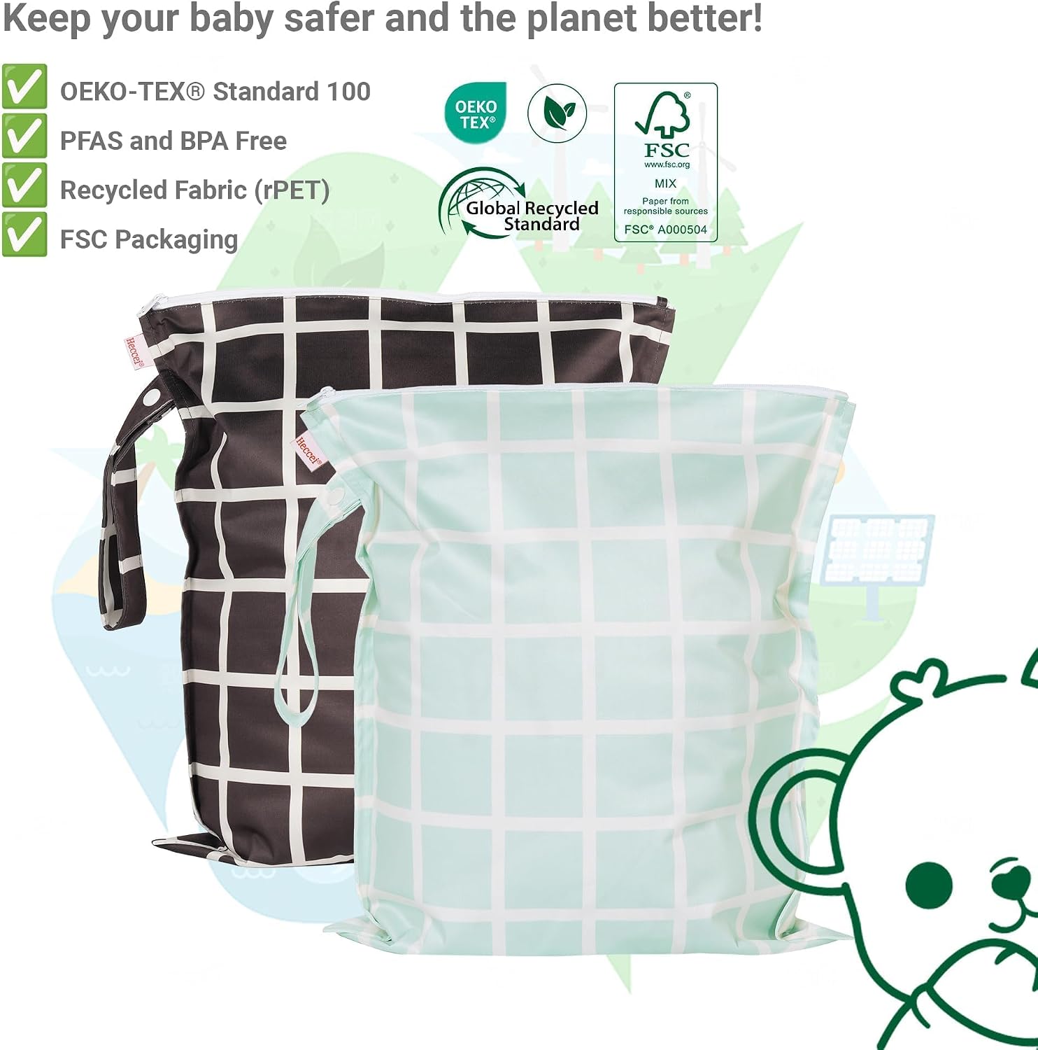 HECCEI Wet Dry Bag, 2-Pack Reusable Waterproof Wet Bags for Swimsuits & Baby Clothes, Leakproof Cloth Diaper Wet Bags for Travel & Diaper Changes (Little Sprouts)