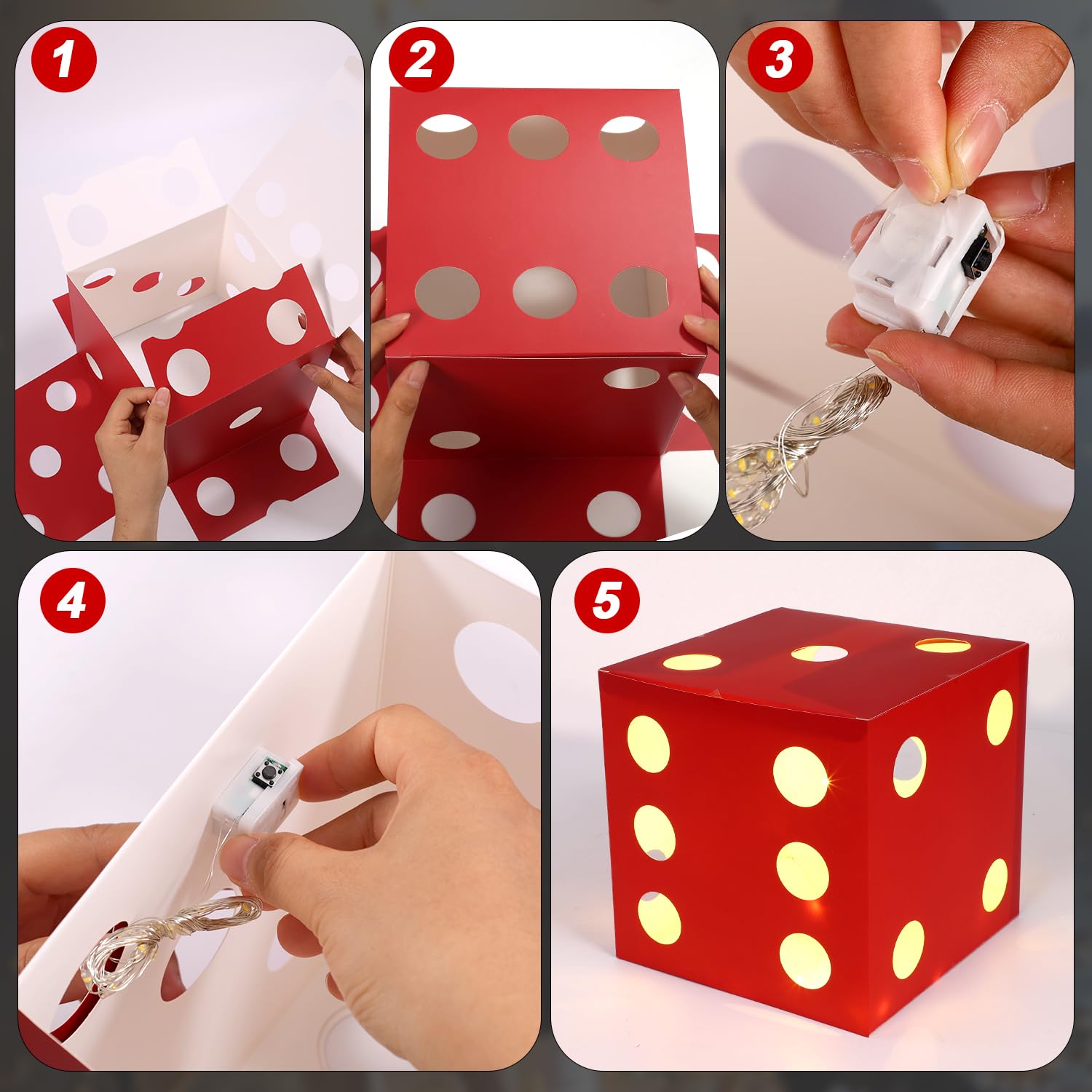 BTFO 6pz Grandi Scatole Regalo Dadi Casino con Luci, 18cm Favori Party Dadi Luminosi per Decorazioni a Tema Casino Serata di Giochi Las Vegas Compleanno Centrotavola (Rosso, Nero, Bianco)
