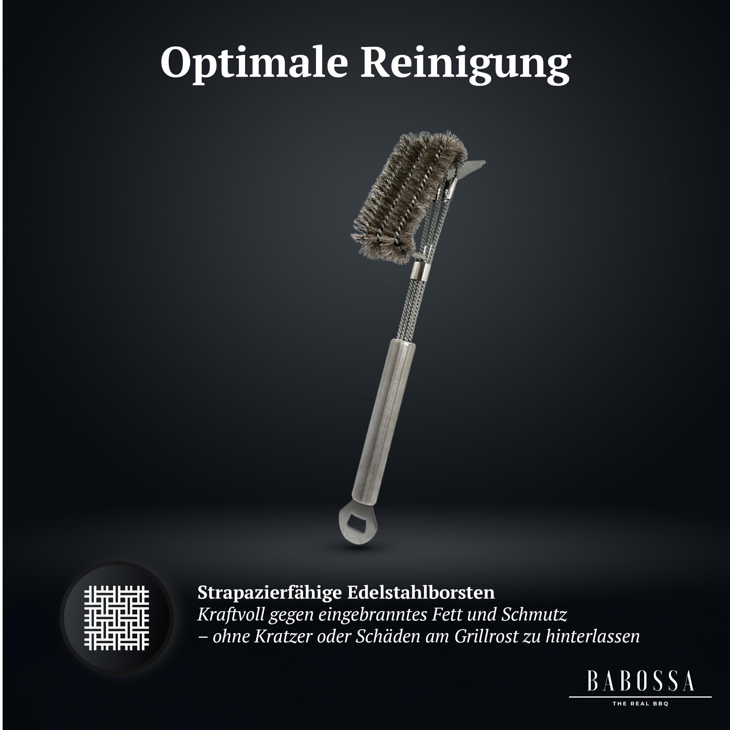BABOSSA 3-in-1 Grillbürste Edelstahl – Multifunktionales Grillzubehör mit robusten Edelstahl Borsten, Schaber und Flaschenöffner – Für die einfache Reinigung von Planchas und Grillplatten