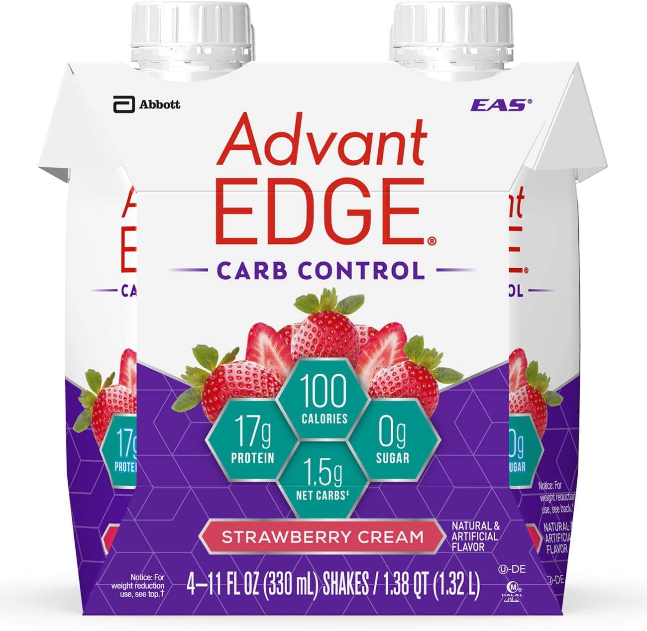 EAS AdvantEDGE Carb Control Protein Shake Strawberry Cream Ready-to-Drink, 17 g of Protein 11 fl oz Bottle, 24 Count