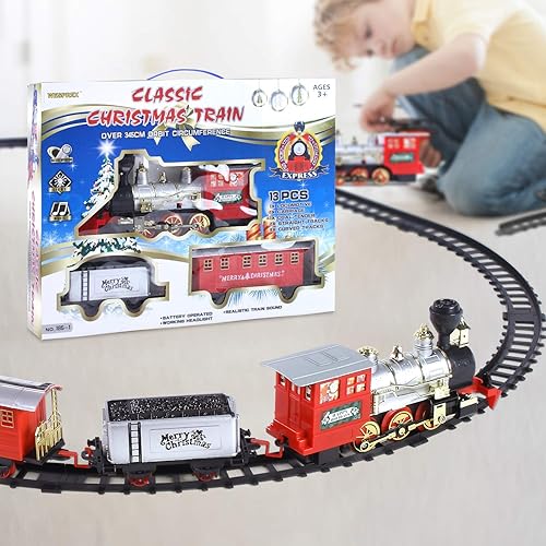 Miniatura 5 de Juego de tren eléctrico para niños con faro, sonido realista, tren de juguete a pilas, 1 locomotora, 2 compartimentos, 10 vías ferroviarias, regalo
