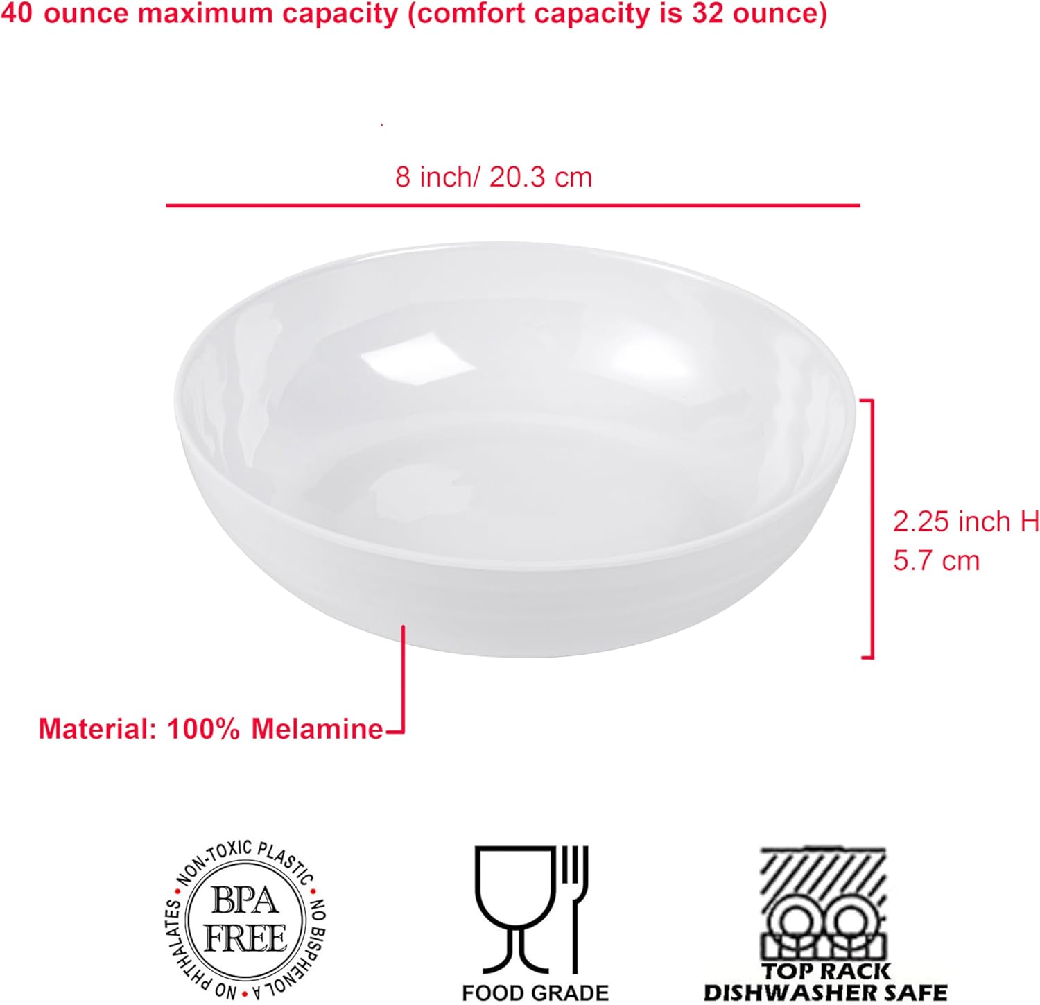 KX-WARE 8-inch Melamine Bowls, 40-ounce Salad/Pasta/Dinner Bowls, set of 6 White