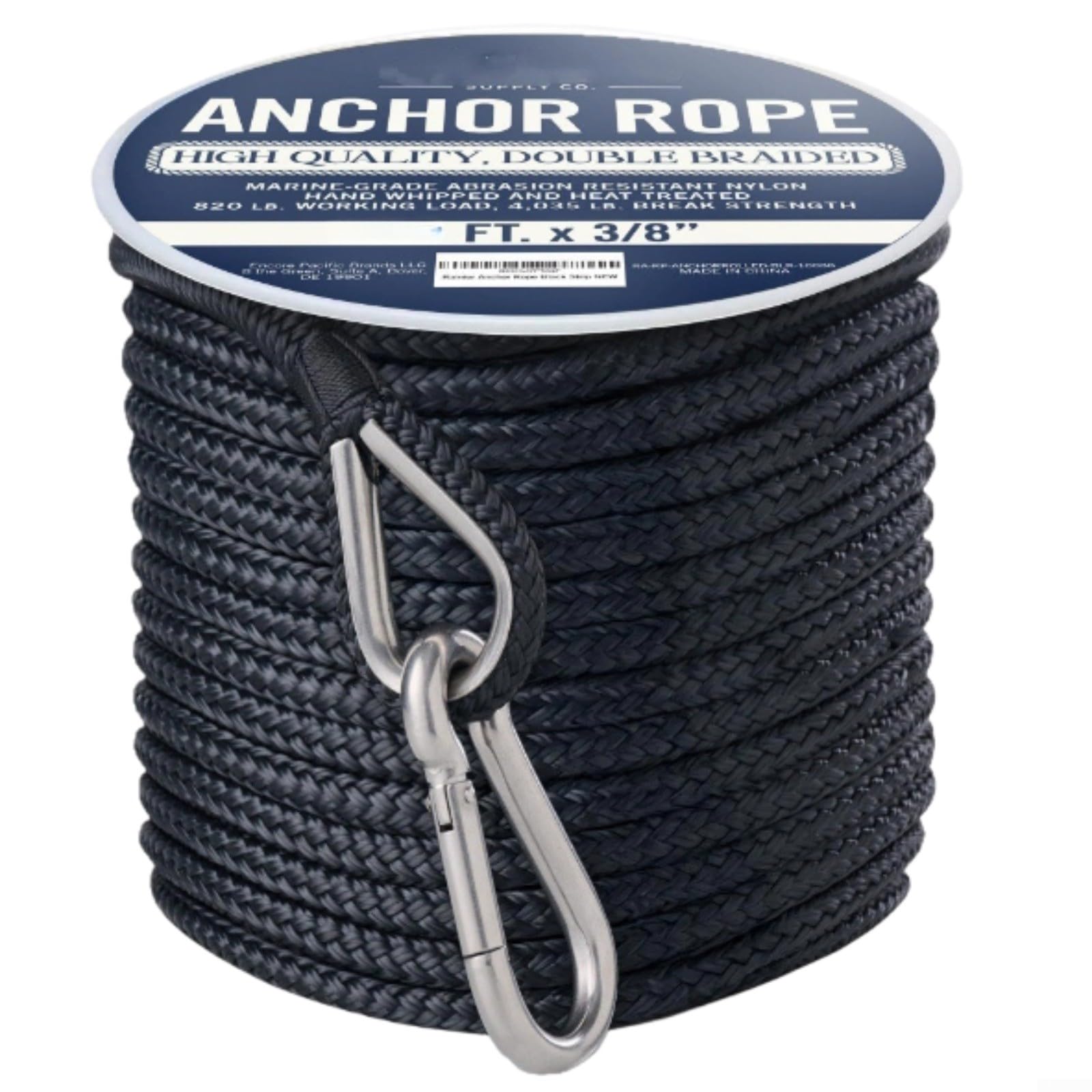 Entgoinggo Nylon para línea de anclaje trenzada, con dedal de acero inoxidable 316, para amarre y atraque en entornos marinos de agua salada (100 pies negro + arco)