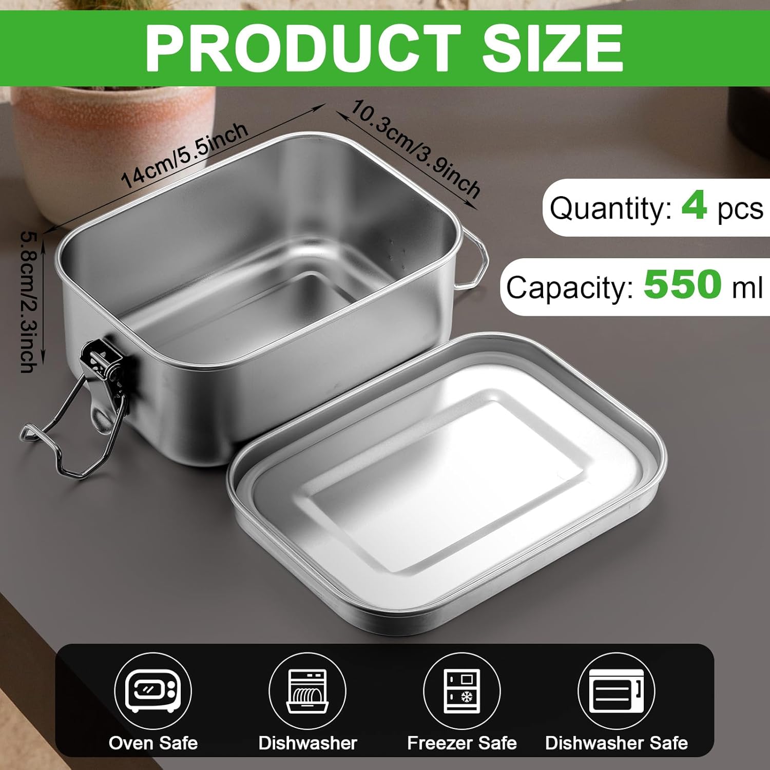 4 Pcs Stainless Steel Bento Box Metal Lunch Box Food Storage Containers Metal Lunch Container, Lockable Clips to Leak Proof, Reusable Dishwasher Snack Boxes for Work, Picnic (550 ml) - Image 2