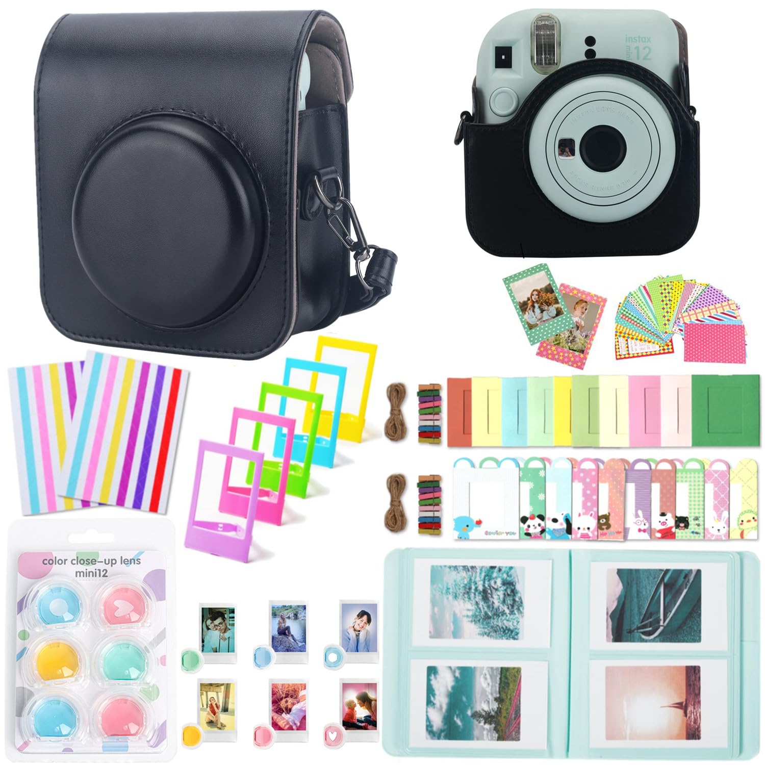 eWINNER Instant Camera Accessories kit Compatible with Fujifilm Instax Mini 12 Camera/Bundle Include Case/Album/Wall Hang Frames/Close Up Colored Filter/Border Stickers/Corner Stickers (Black)